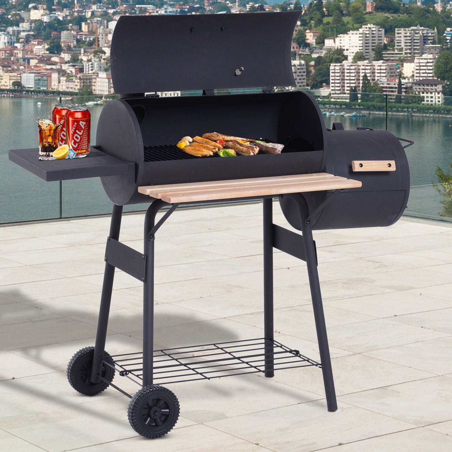 Outsunny Barbacoa de Carbón 3 en 1 Ahumador Parilla de Carbón Barbacoa de BBQ 124x53x104 cm con Termómetro y Ruedas Estantes de Madera Picnic Acampada al Aire Libre