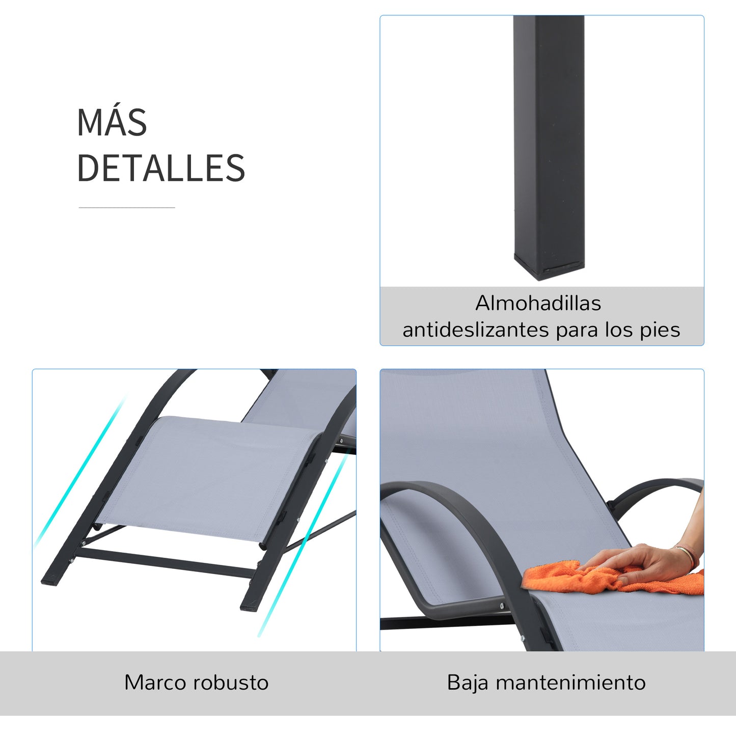 Outsunny Set de 2 Tumbonas de Jardín 59x169x66 cm con Mesa de Café 41x41x45 cm de Vidrio Templado Reposabrazos para Patio Piscina Terraza Aire Libre Gris