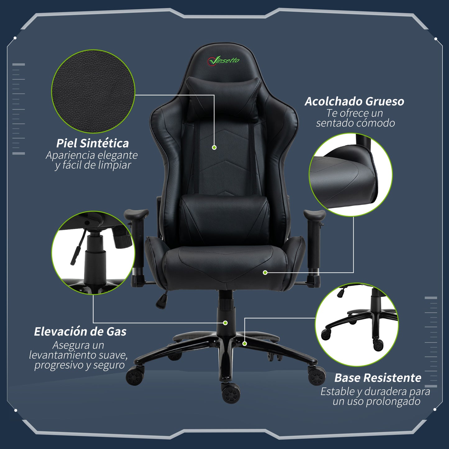 Vinsetto Silla Gaming Giratoria Silla Gamer Reclinable Tapizado en Cuero Sintético Altura Ajustable con Reposabrazos 2D Regulable Reposacabezas y Cojín Lumbar 73x71x128-136 cm Negro