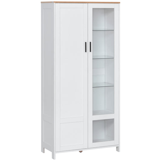 HOMCOM Alacena de Cocina Mueble Auxiliar de Cocina con Puerta de Vidrio Estantes Ajustables y Patas Elevadas para Salón Comedor 76x36x160 cm Blanco