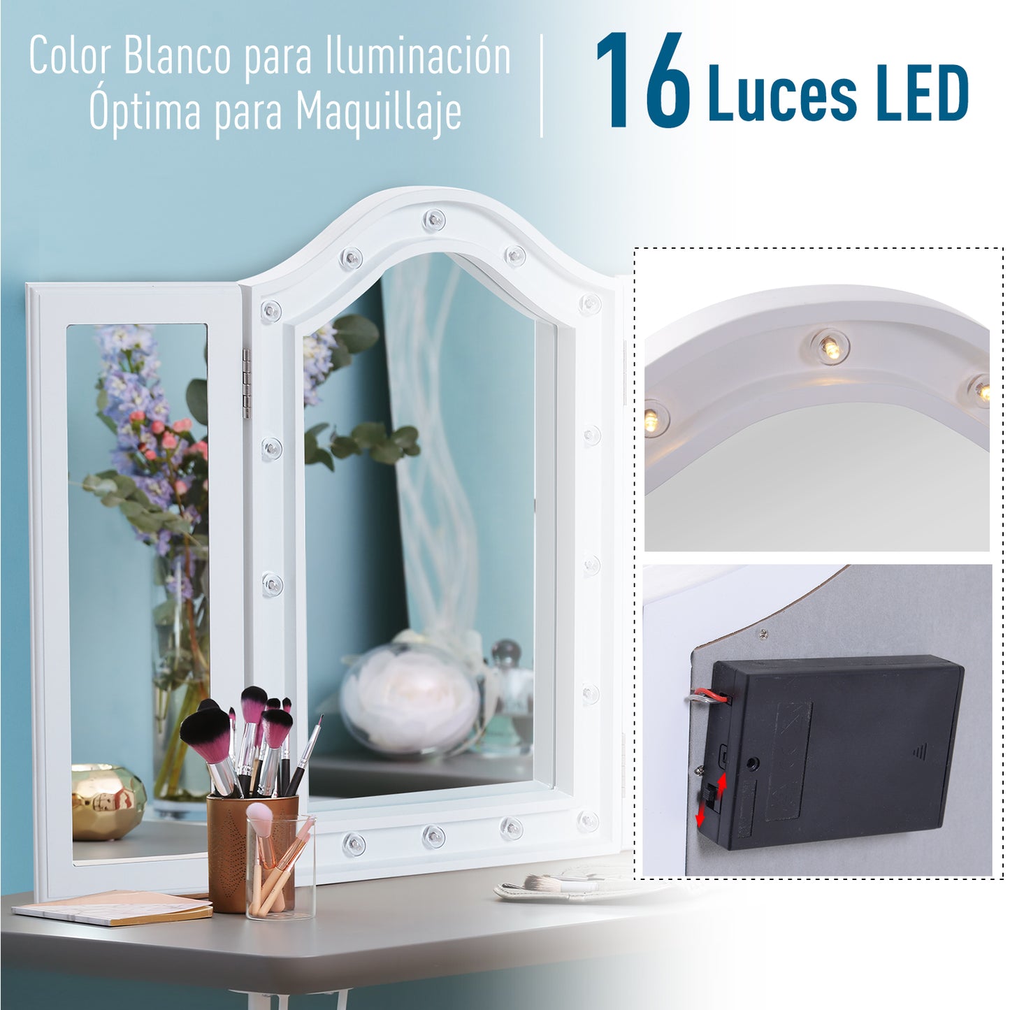 HOMCOM Espejo de Maquillaje con Luz LED Plegable Espejo Triple de Mesa Regalo Original para Mujer Cargo con Batería Espejo Cosmético con Iluminación 73x53.5x4.5cm