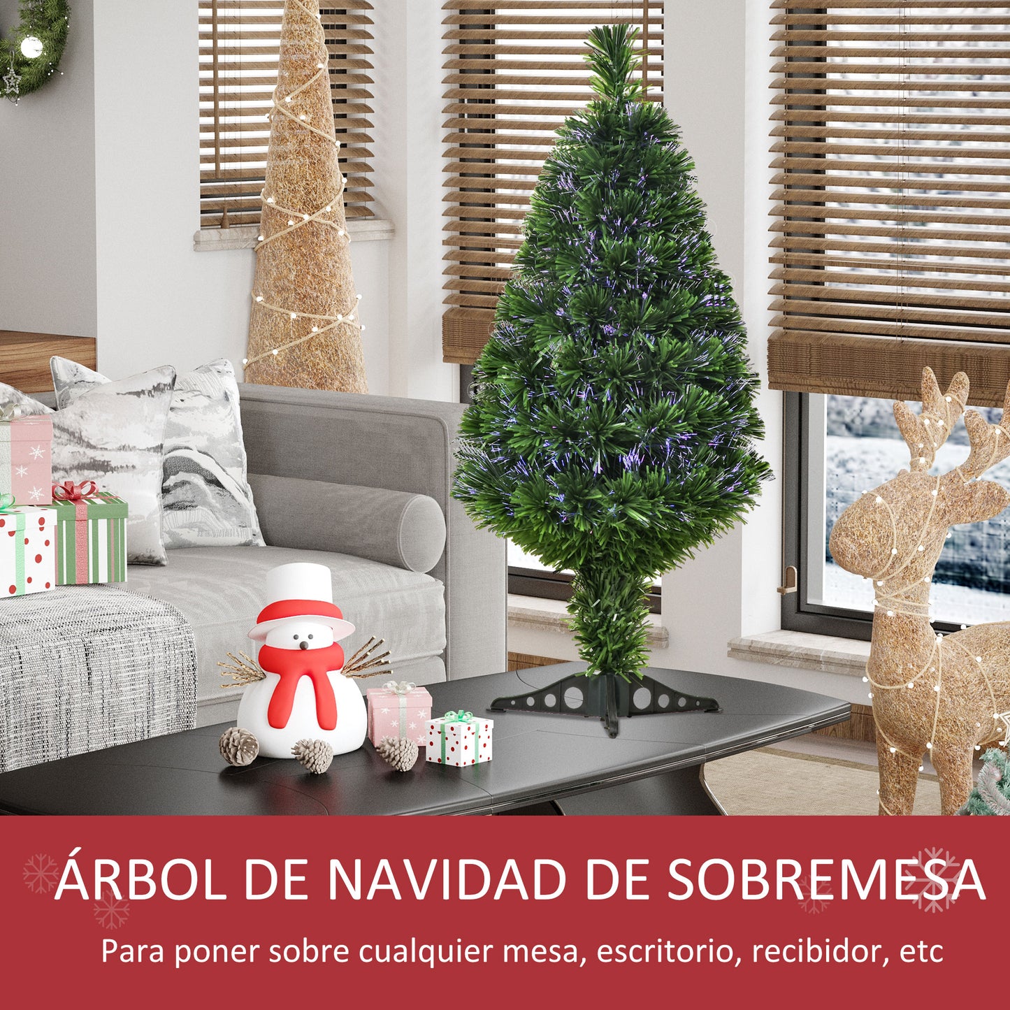 HOMCOM Árbol de Navidad 90cm Artificial Árbol con Soporte Fibra Óptica 4 Colores Verde Natural Material PVC