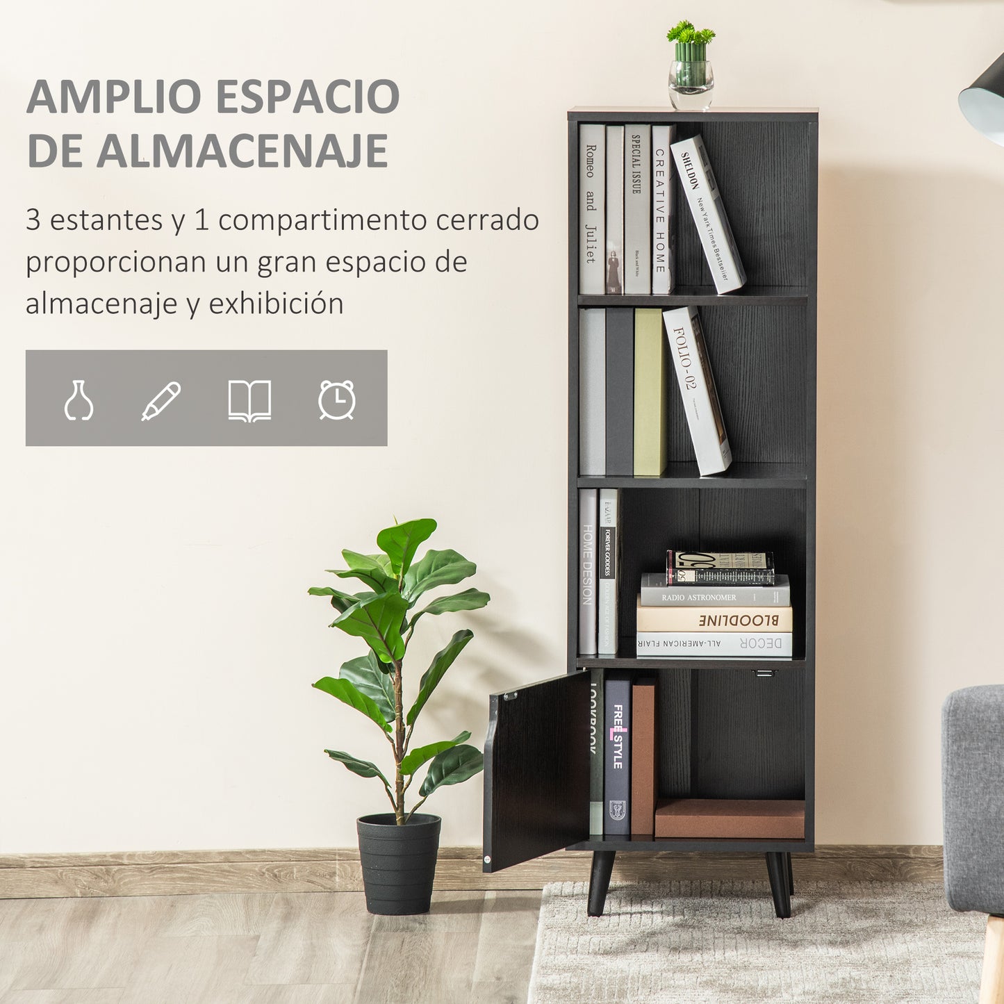 HOMCOM Estantería para Libros con 3 Estantes Abiertos y Cajón Librería Moderno para Almacenamiento Juguetes CDs Plantas 40x30x129,5 cm Negro