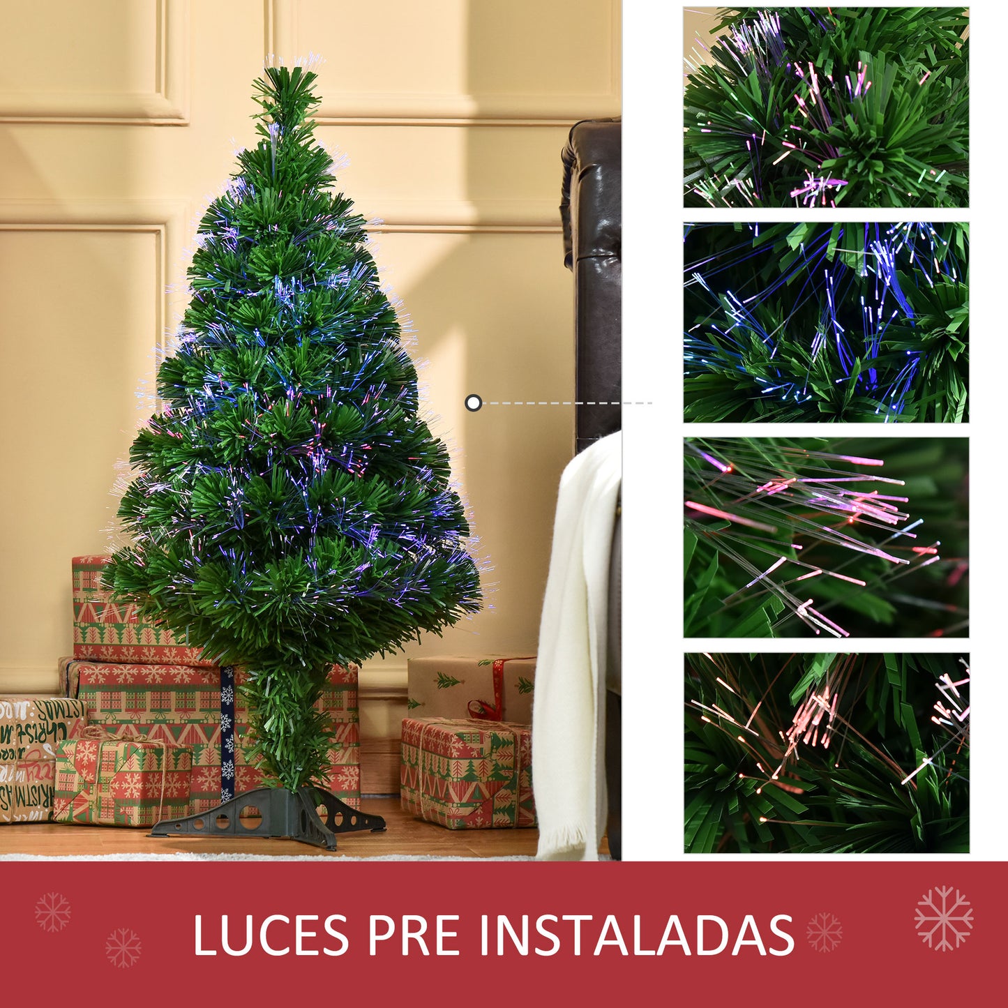 HOMCOM Árbol de Navidad 90cm Artificial Árbol con Soporte Fibra Óptica 4 Colores Verde Natural Material PVC