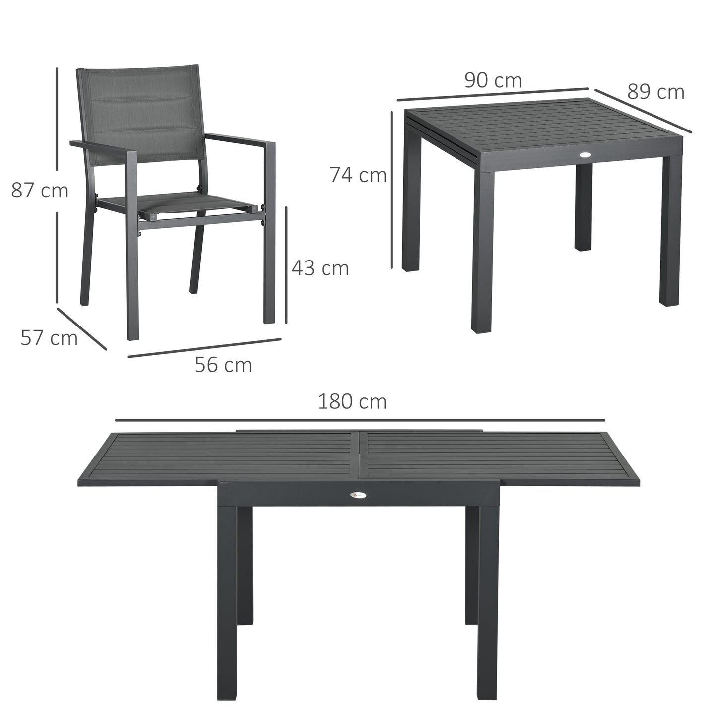 Outsunny Conjunto Muebles de Jardín 7 Piezas de Aluminio Juego de Comedor Exterior con Mesa Extensible y 6 Sillas Apilables y Asiento de Texteline 90-180x89x74 cm Gris