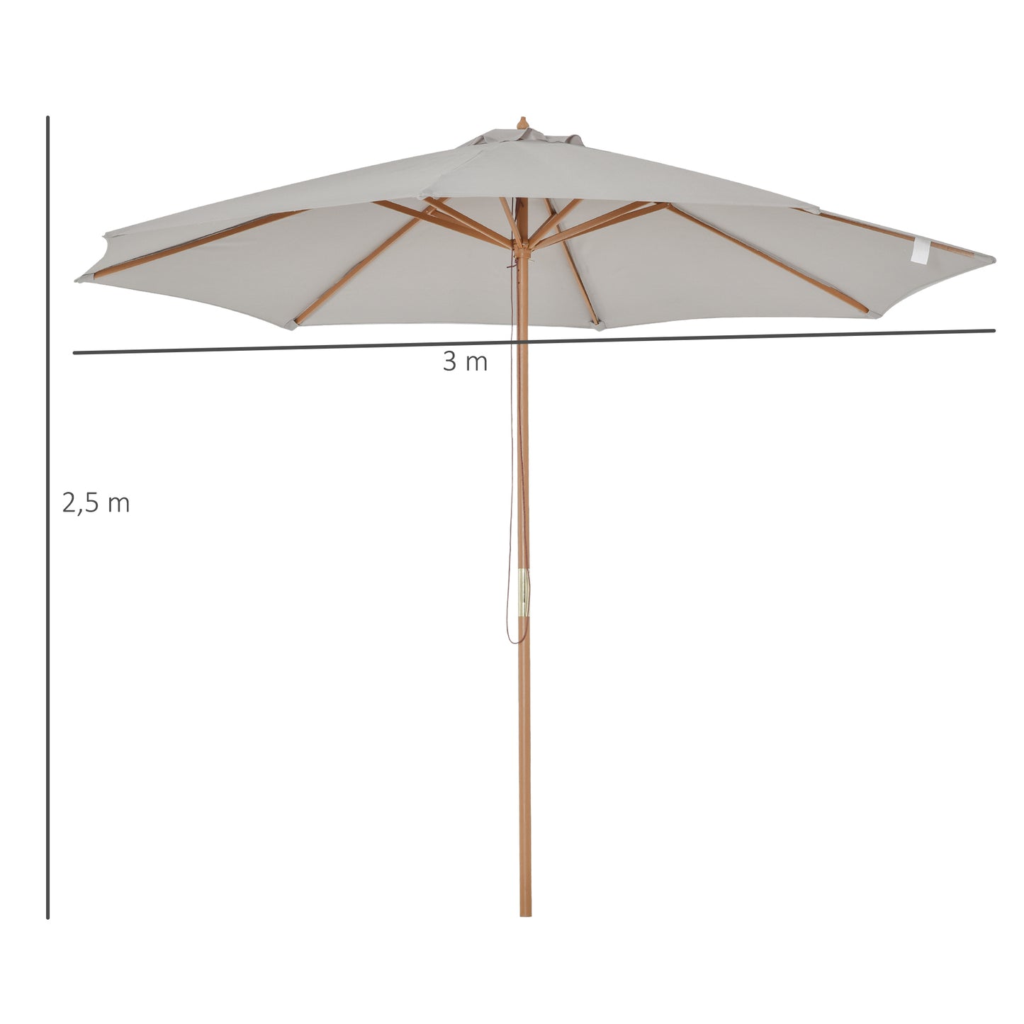 Outsunny Sombrilla Parasol de Jardín Ø300x250 cm con Sistema de Pestillo de Fijación Techo Ventilado y Poste Desmontable de Madera para Terraza Patio Exterior Gris