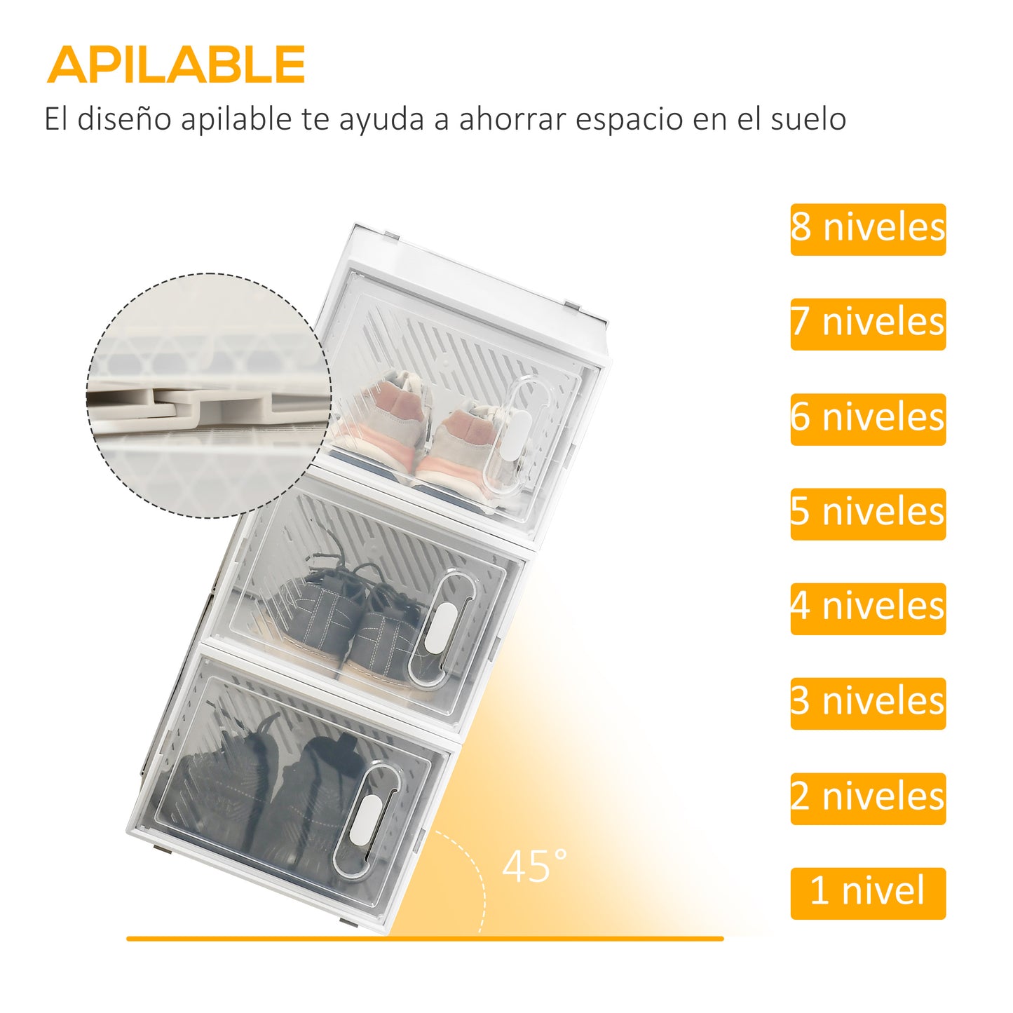 HOMCOM Cajas de Zapatos de Plástico Juego de 8 Organizadores de Almacenamiento Caja Zapatero Apilable Puertas Magnéticas para Aromas para Entrada Pasillo hasta Talla 45 Transparente