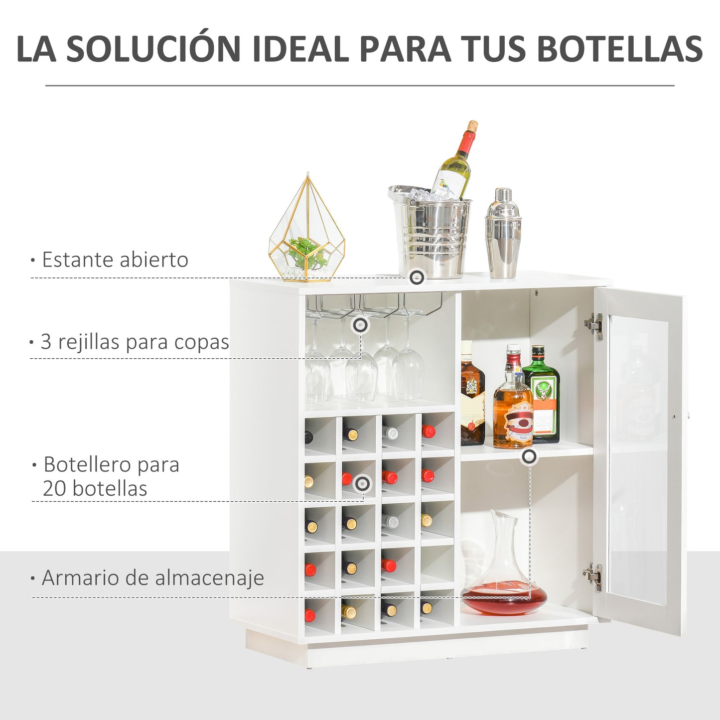 HOMCOM Aparador de Cocina con Botellero para 20 Botellas Armario Auxiliar con 1 Puerta de Cristal Estantes y Soporte de Copas de Vino para Comedor Bar 80x36x85 cm Blanco