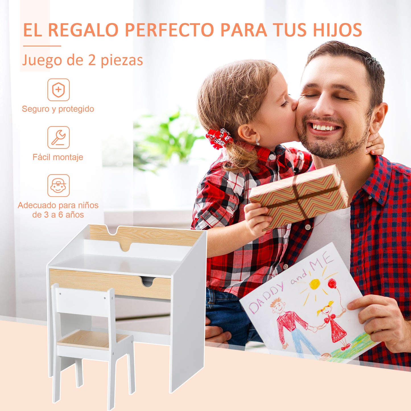 HOMCOM Escritorio para Niños con Silla de 3 a 6 Años Pupitre Infantil 2 en 1 Conjunto de Escritorio 2 Piezas con Cajón y Eatantes de Libros 70x50x75 cm Blanco y Natural