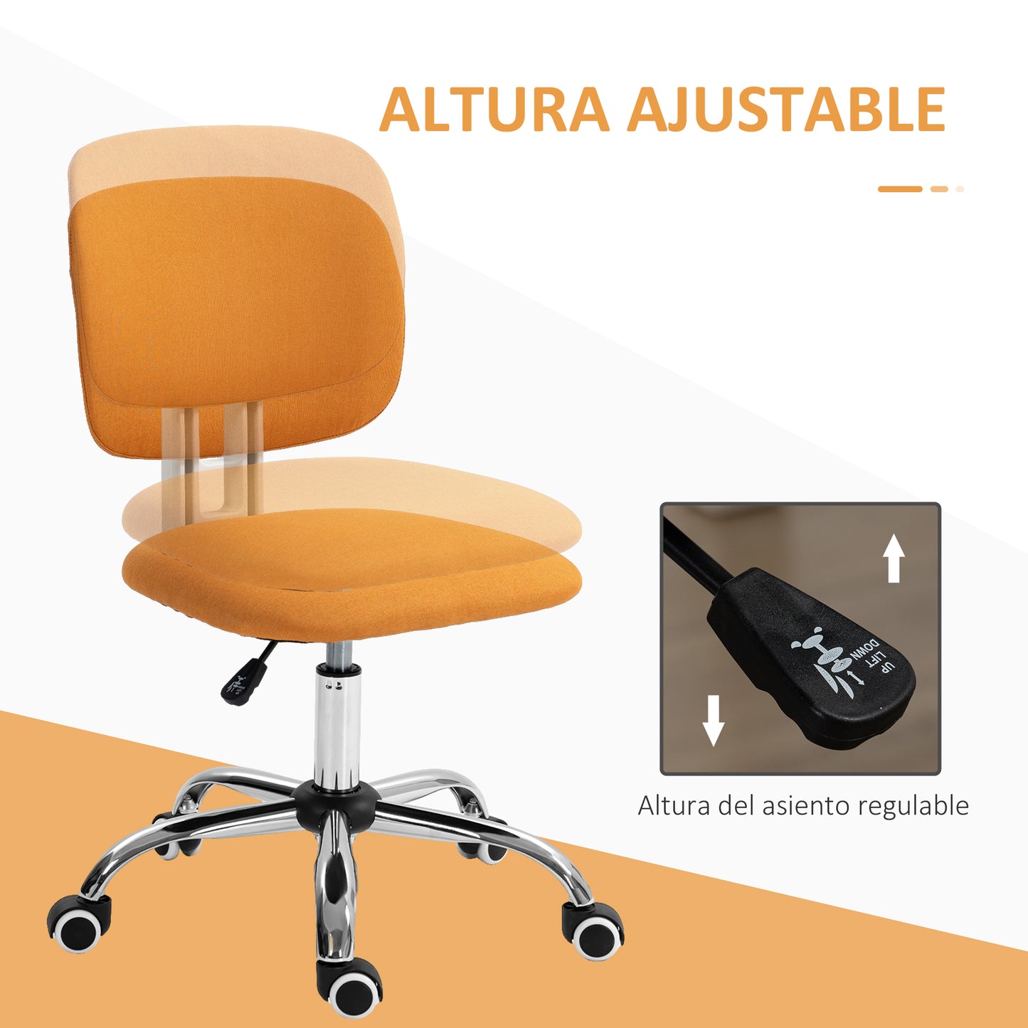 Vinsetto Silla de Oficina sin Brazos Silla de Escritorio Giratoria Tapizado de Tela con Altura Ajustable Estilo Moderno Carga 120 kg 48x53x80-90 cm Naranja