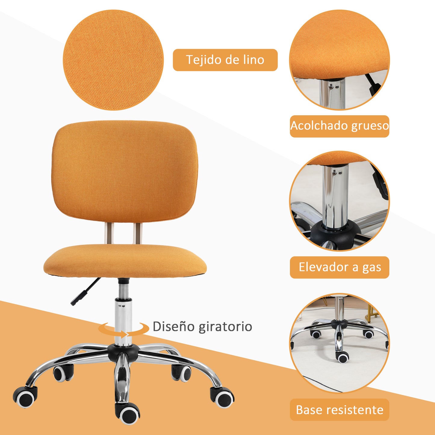 Vinsetto Silla de Oficina sin Brazos Silla de Escritorio Giratoria Tapizado de Tela con Altura Ajustable Estilo Moderno Carga 120 kg 48x53x80-90 cm Naranja