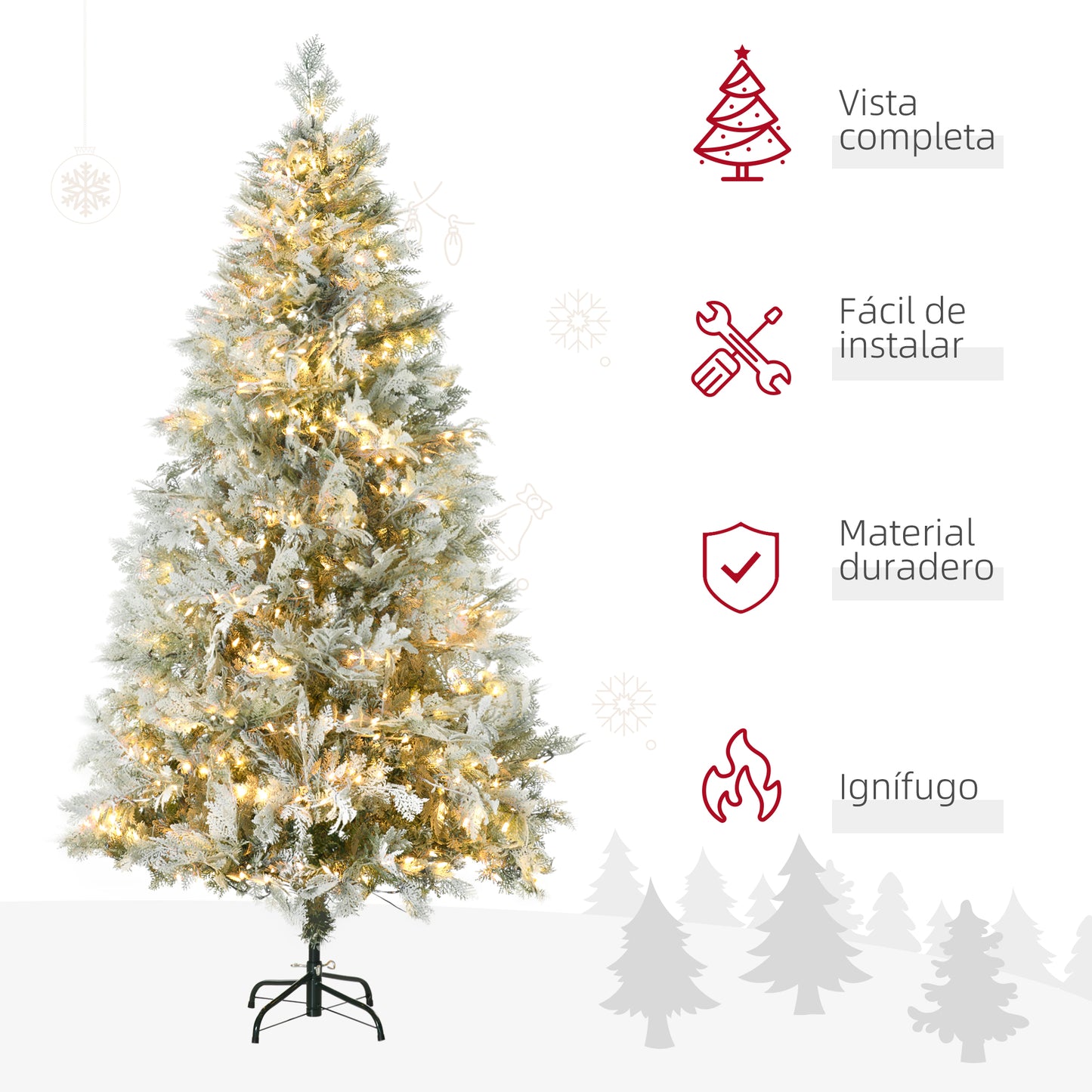 HOMCOM Árbol de Navidad Artificial 180 cm con 300 Luces LED Blancas Cálidas Árbol de Navidad Nevado con 577 Ramas Forma de Ciprés Base Plegable Decoración Navideña