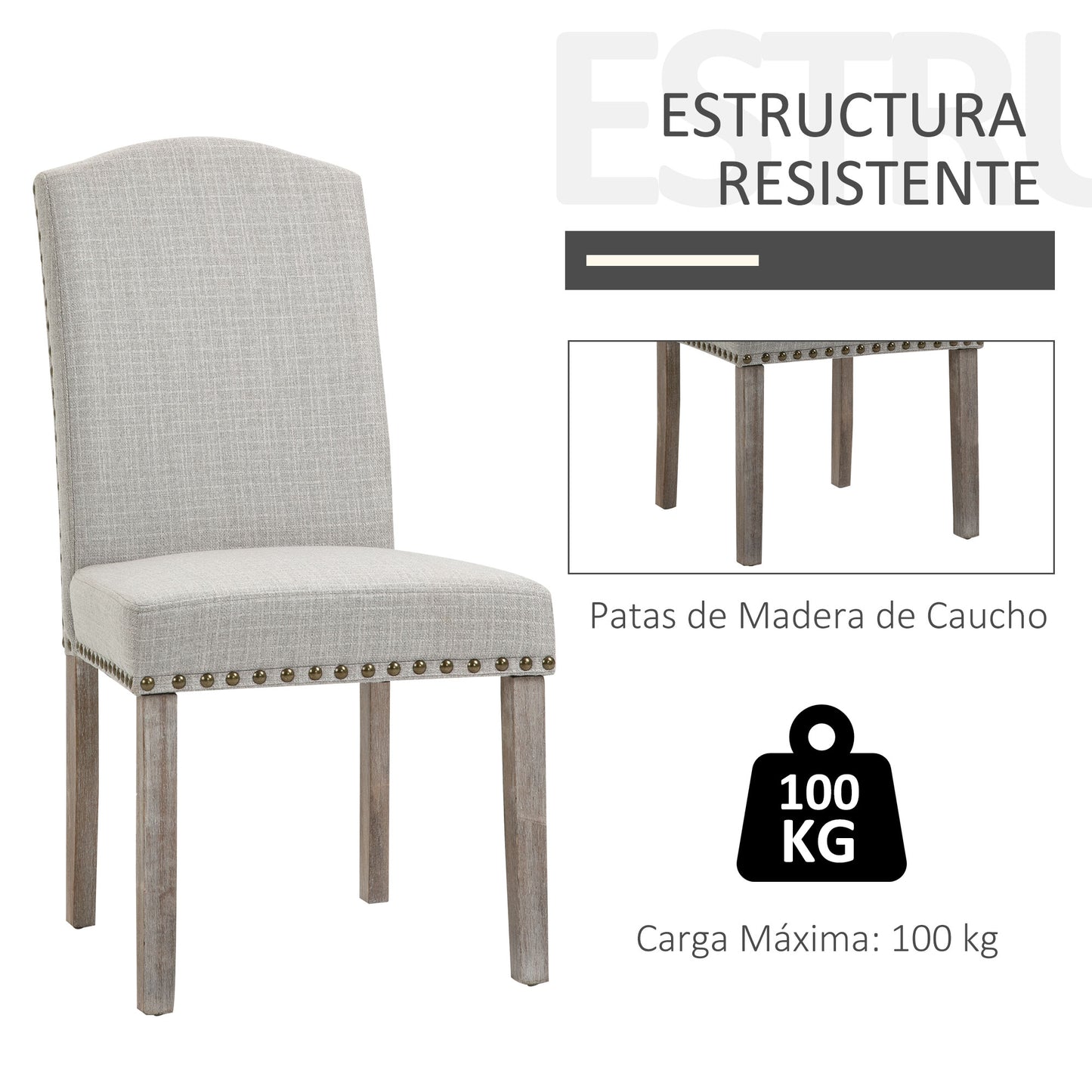 HOMCOM Juego de 2 Sillas de Comedor Cocina con Respaldo Alto de Remaches y Patas de Madera Almohadillas Ajustables 51x64x99,5 cm Gris