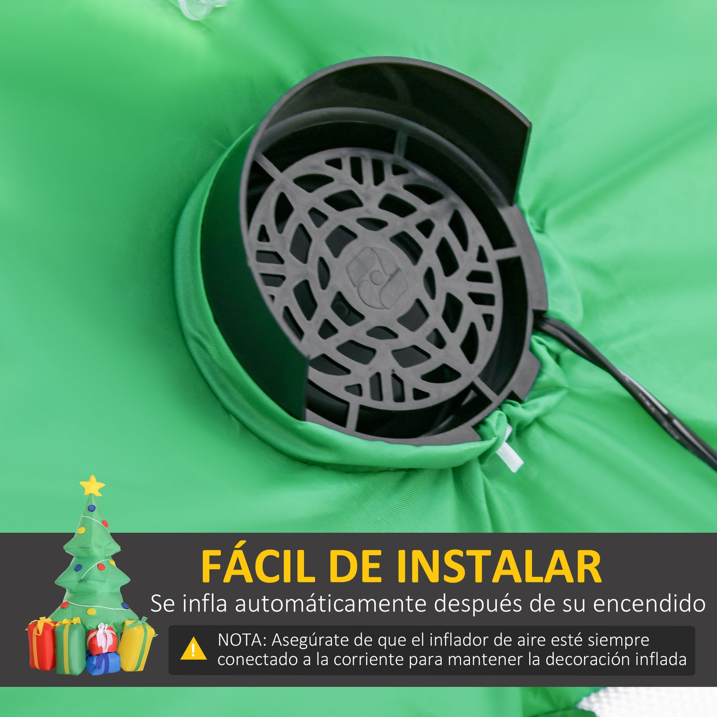 HOMCOM Árbol de Navidad Inflable 1.5m Árbol Decorativo Navideño con Adornos Regalos con luz LED Decoración Navidad con Hinchador 65x75x150 cm Verde