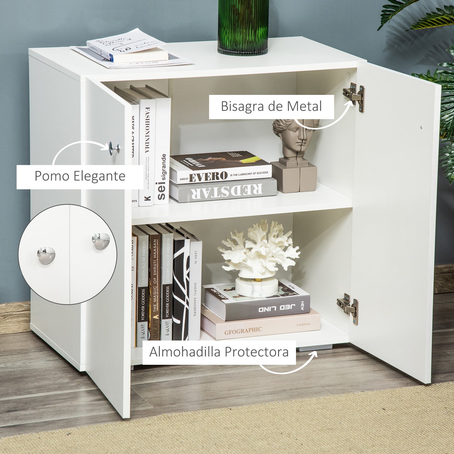 HOMCOM Aparador de Salón con 2 Puertas Armario Auxiliar con 2 Estantes para Libros Ropa Juguetes Estilo Moderno 70x39x70 cm Blanco