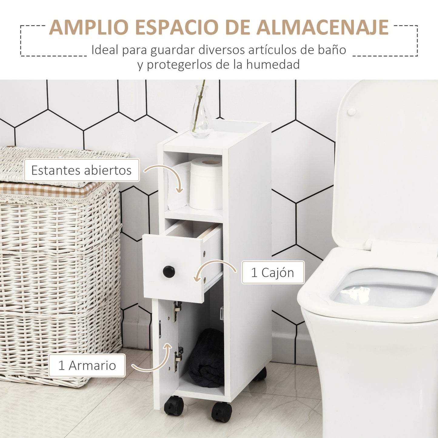 kleankin Armario de Baño con Ruedas Mueble Auxiliar para Baño con Estante Abierto Puerta y Cajón Espacio Reducido 18x30x68,5 cm Blanco