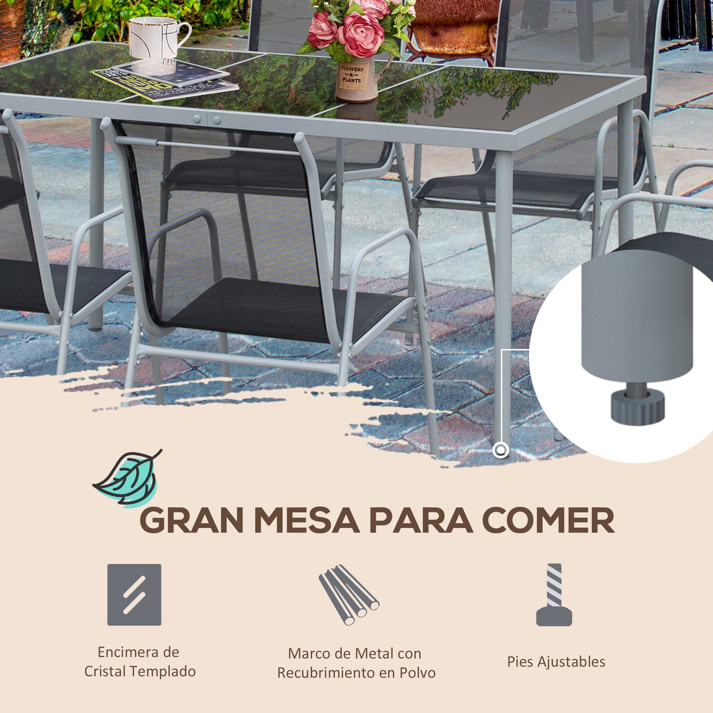 Outsunny Conjunto de Muebles Exterior para Jardín de 7 Piezas Incluye 1 Mesa y 6 Sillas con Resposabrazos Fabricado a Acero Decorativo Estilo Moderno Limpiar Fácil 150x90x72cm Color Negro