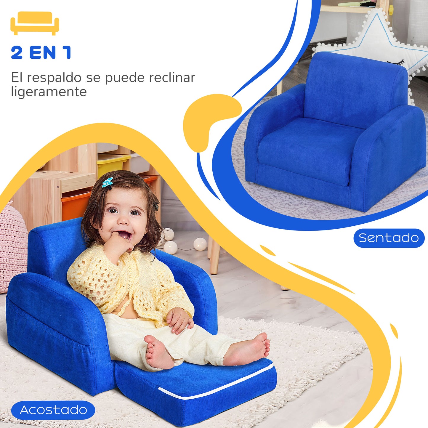 HOMCOM Sillón para Niños de 3 Años Sofá Transformable Diseño 2 en 1 Cama Infantil Plegable de 2 Posiciones con Reposabrazos Asiento Ancho Acolchado 47x45x38 cm Azul