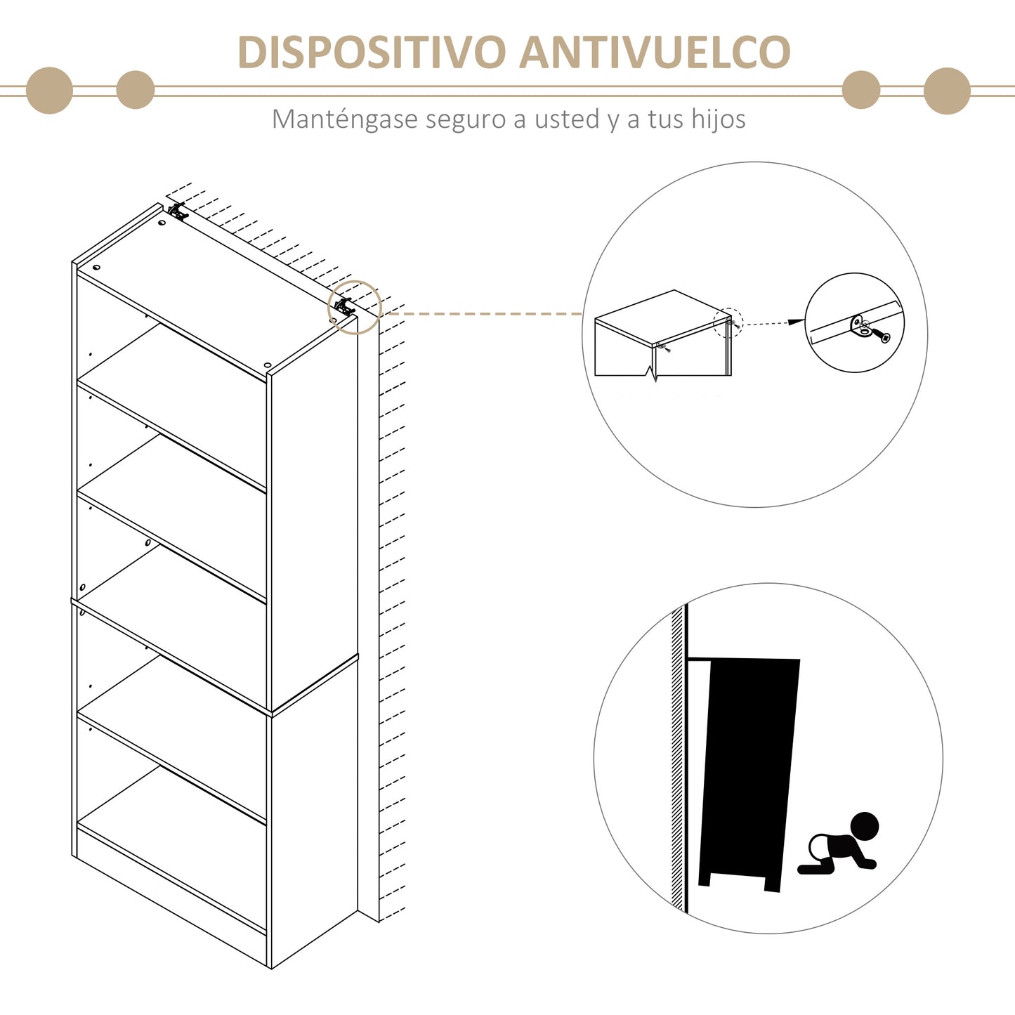 HOMCOM Librería Estantería de 5 Niveles para Libros con 3 Baldas Ajustables Antivuelco Almacenaje para Salón Oficina Estudio 63x29,5x176 cm Madera Natural