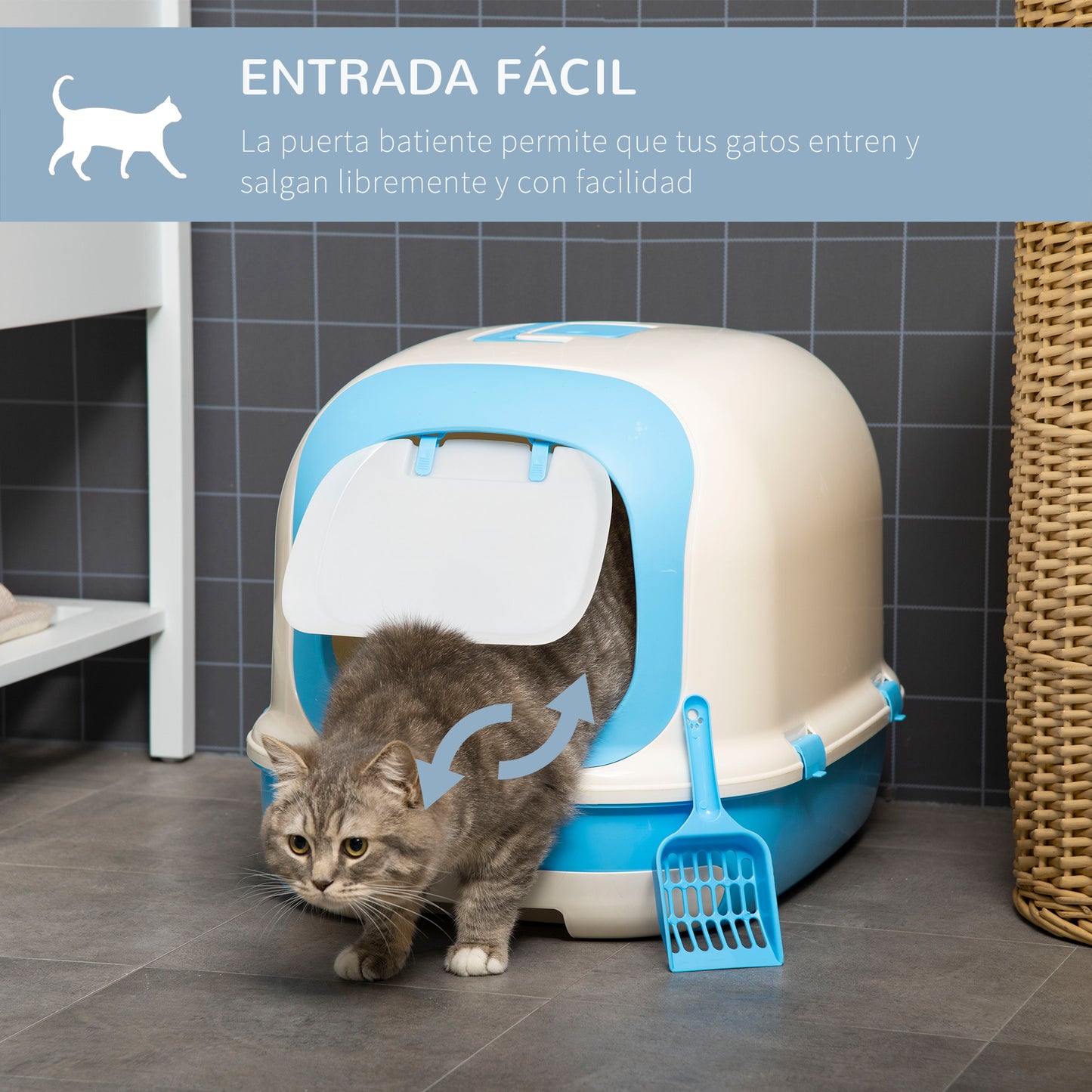 PawHut Arenero para Gatos Caja de Arena con Asa de Transporte Doble Fondo Bandeja Extraíble Pala y Filtro de Carbón Activo 63x43x43 cm Beige y Azul