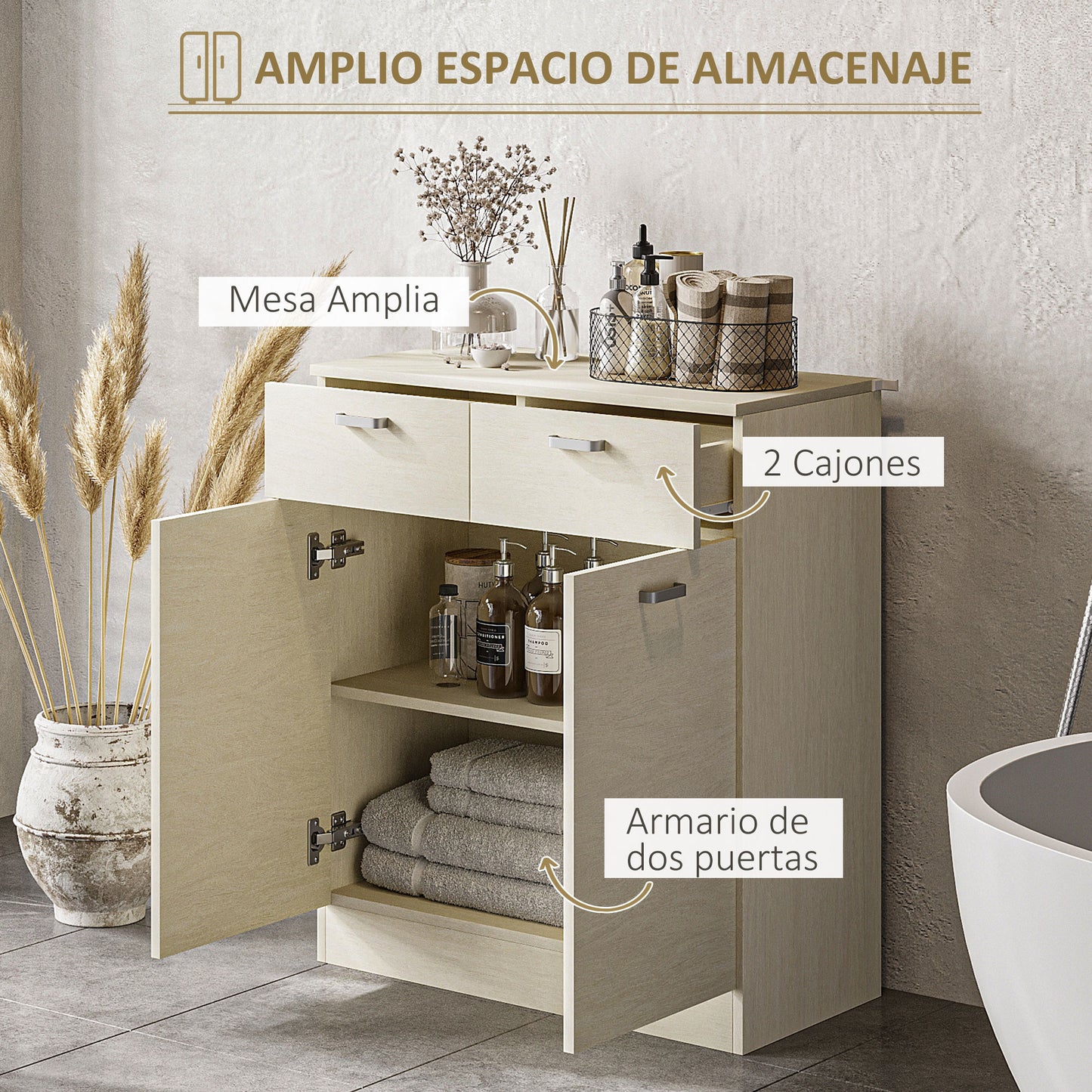 HOMCOM Armario Auxiliar de Baño con 2 Puertas 2 Cajones y Estante Interior Ajustable Mueble Auxiliar de Baño para Dormitorio Entrada Antivuelco 68x34x80 cm Natural