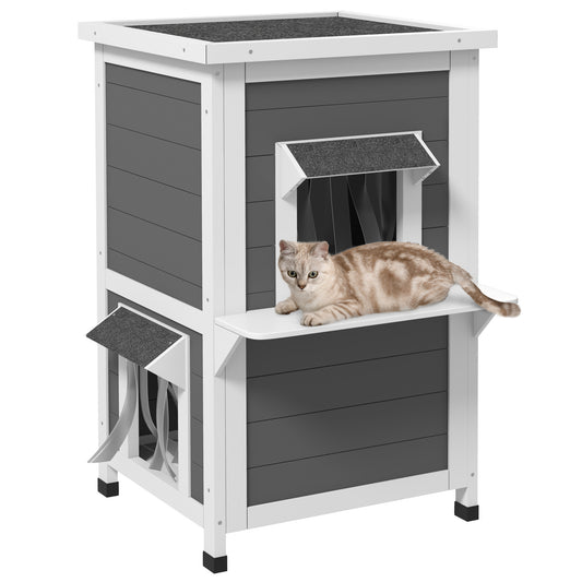 PawHut Casa para Gatos de Madera 60x60x81,5 cm Caseta para Gatos de 2 Niveles Refugio para Gatos con Cueva Cortina de Puerta Aleros Impermeables y Terraza para Interior y Exterior Gris y Blanco