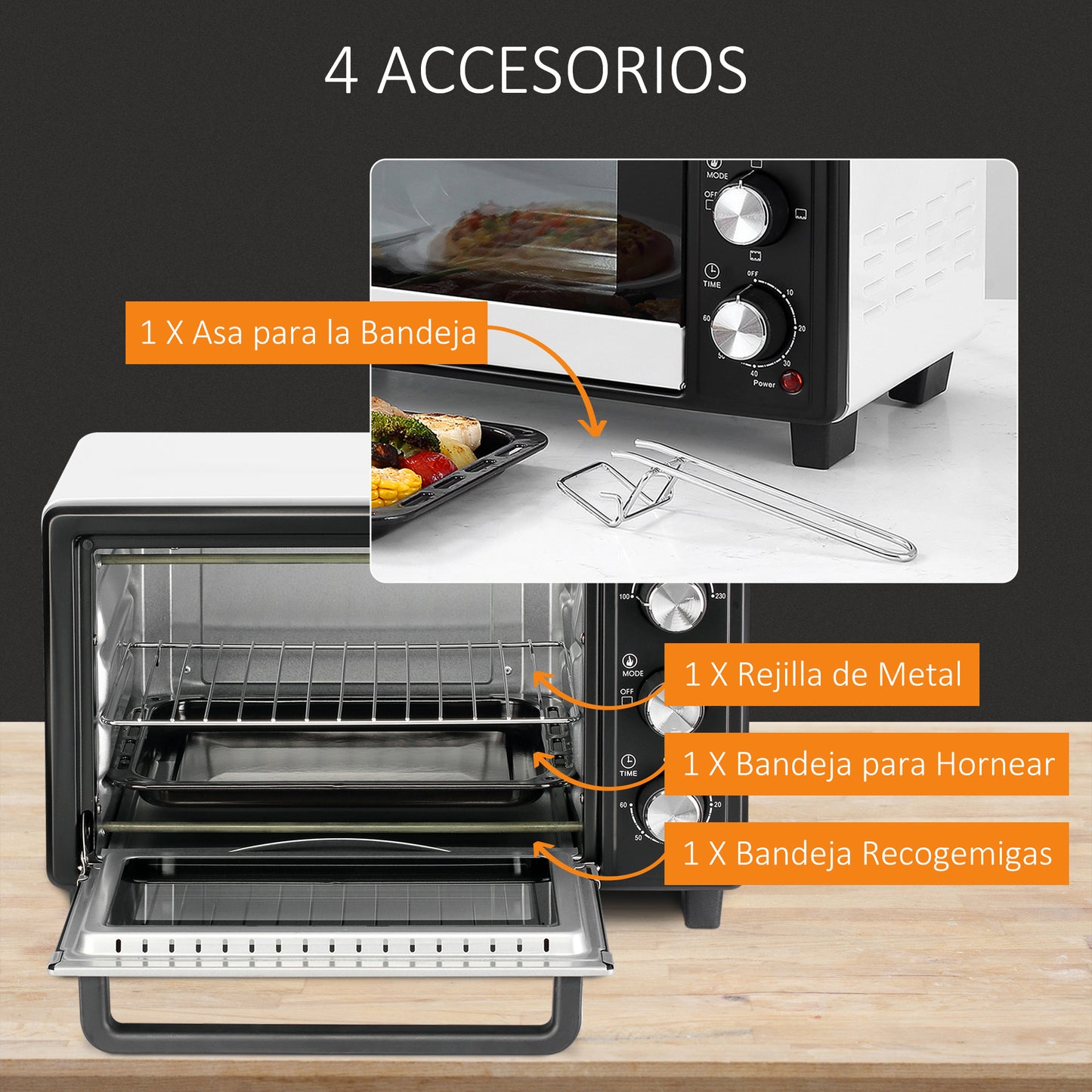 HOMCOM Horno Eléctrico de Sobremesa 16L 1400W Horno Portátil Mini Horno con 3 Modos de Calor Temperatura hasta 230 ℃ Temporizador Bandeja de Horneado y Rejilla 44x32x28,1 cm Blanco y Negro