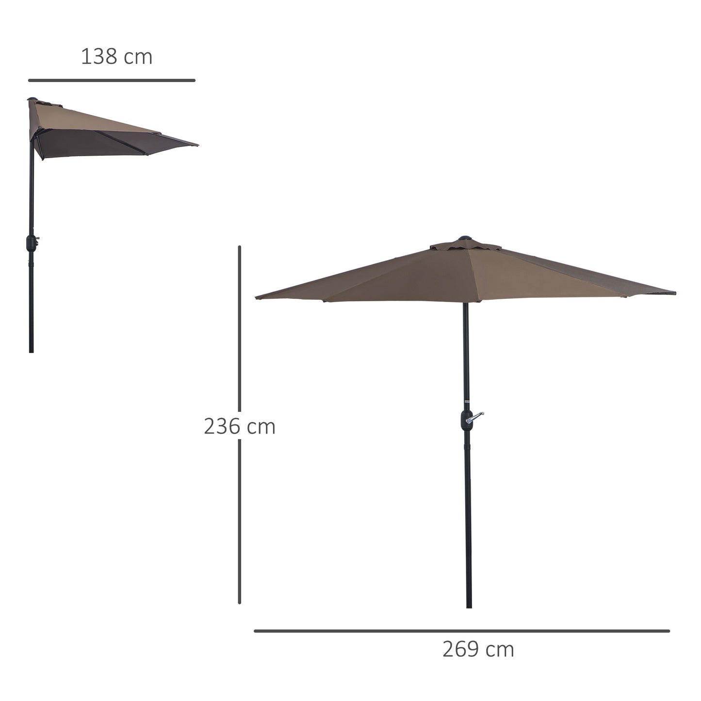 Outsunny Sombrilla 269x138x236 cm Parasol de Jardín con Manivela y Forma Semicircular para Exterior Terraza Patio Piscina Café