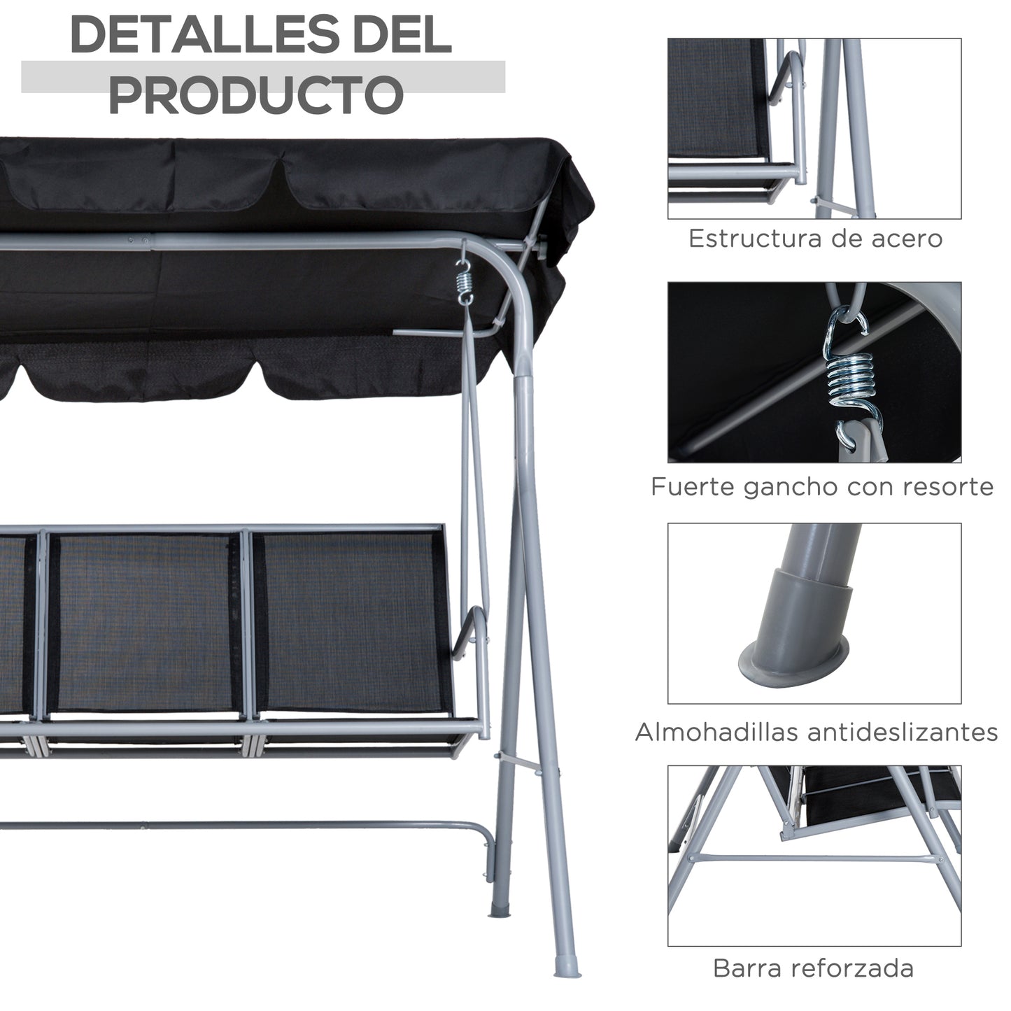 Outsunny Balancín Jardín Exterior Columpio Exterior de 3 Plazas con Toldo Ajustable Respaldo Transpirable y Marco de Metal para Terraza Balcón Carga 240 kg 171x108x154 cm Negro