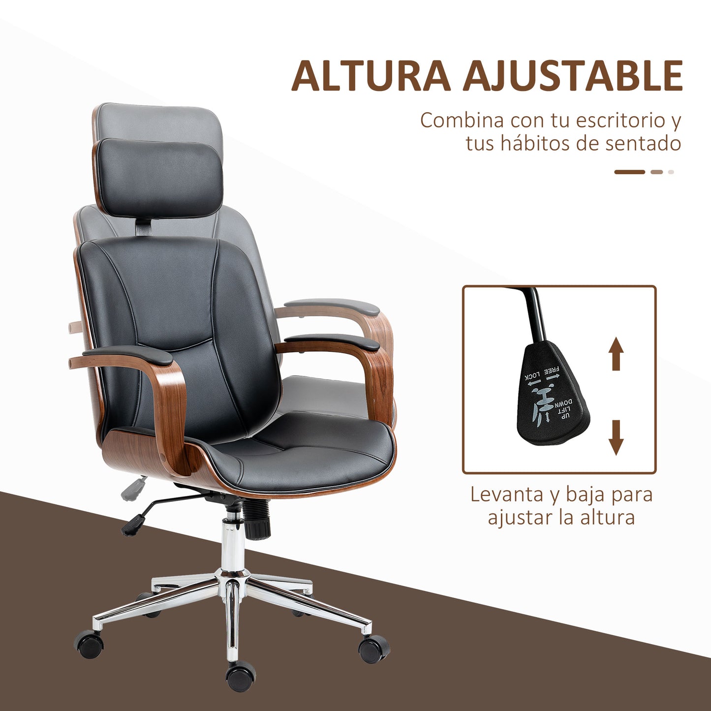 Vinsetto Silla de Oficina Ergonómica Silla de Escritorio Giratoria de Cuero PU con Reposacabezas Extraíble Altura Ajustable y Función de Inclinación 63x62x110-120 cm Negro