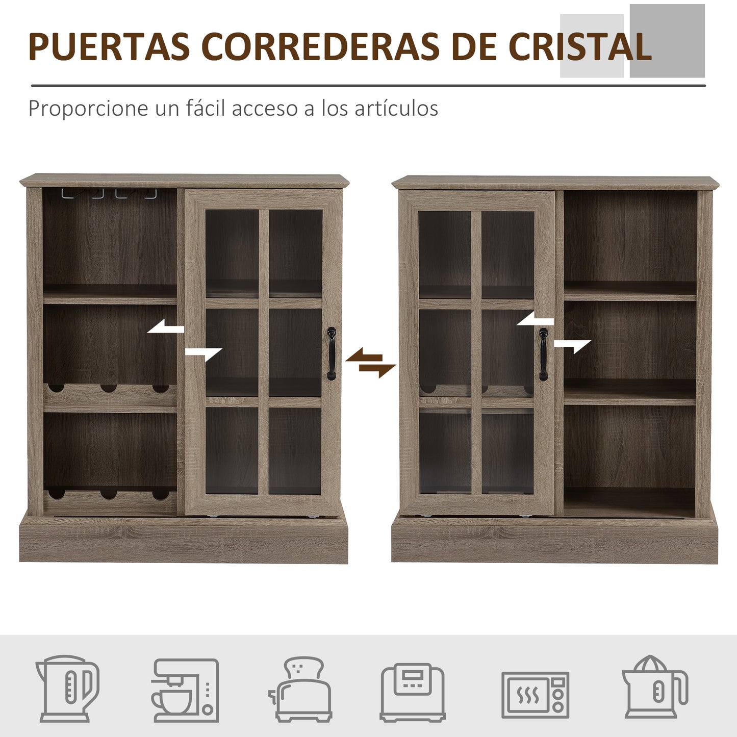 HOMCOM Aparador de Cocina con Botellero Moderno Mueble Auxiliar de Almacenaje con Puerta de Vidrio Soporte para 6 Copas Botellero para 6 Botellas y 3 Estantes para Comedor Salón 79x39x92 cm Café