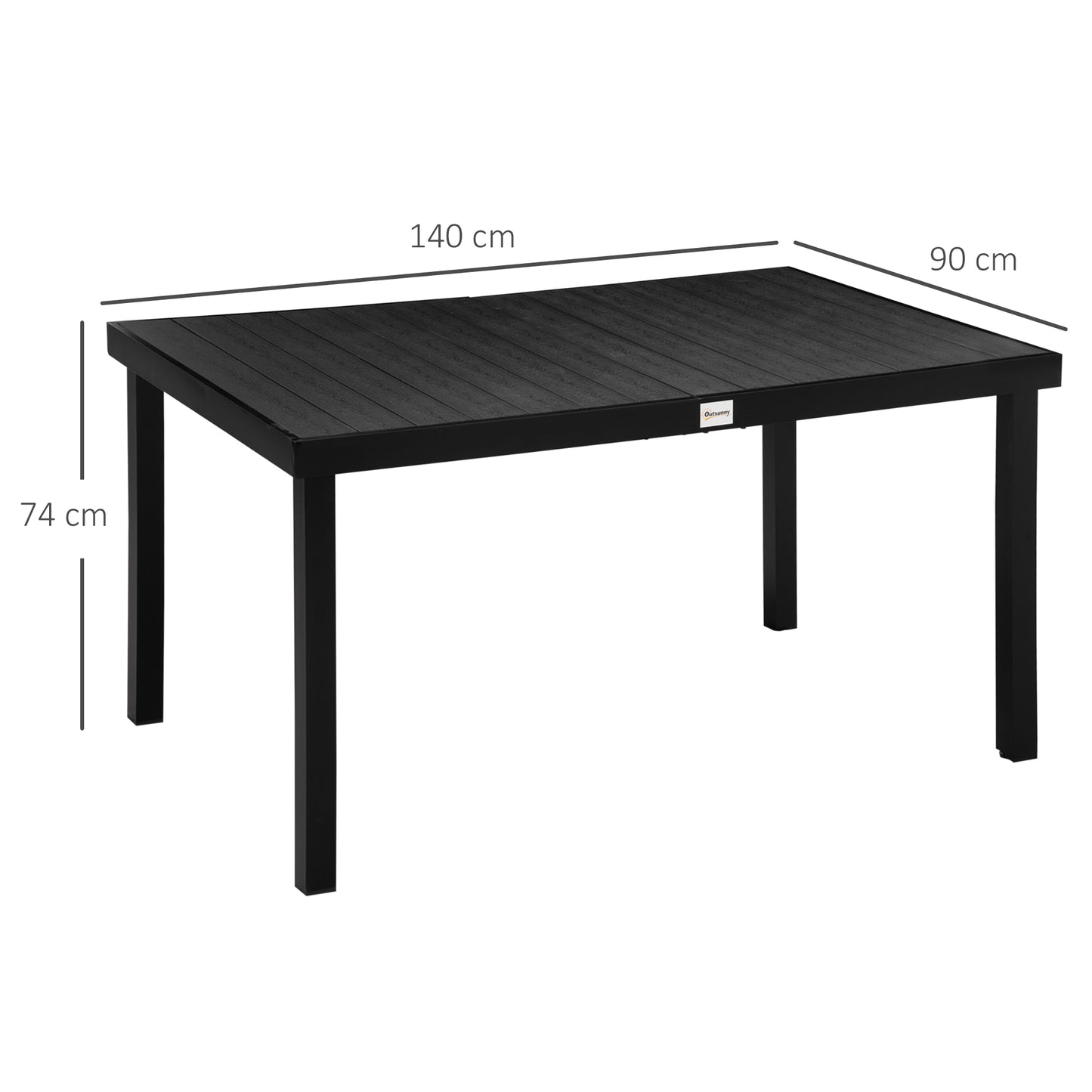 Outsunny Mesa de Jardín Rectangular para 6 Personas Mesa de Comedor Exterior 140x90x74 cm con Encimera de Listones y Estructura de Aluminio para Terraza Balcón Negro