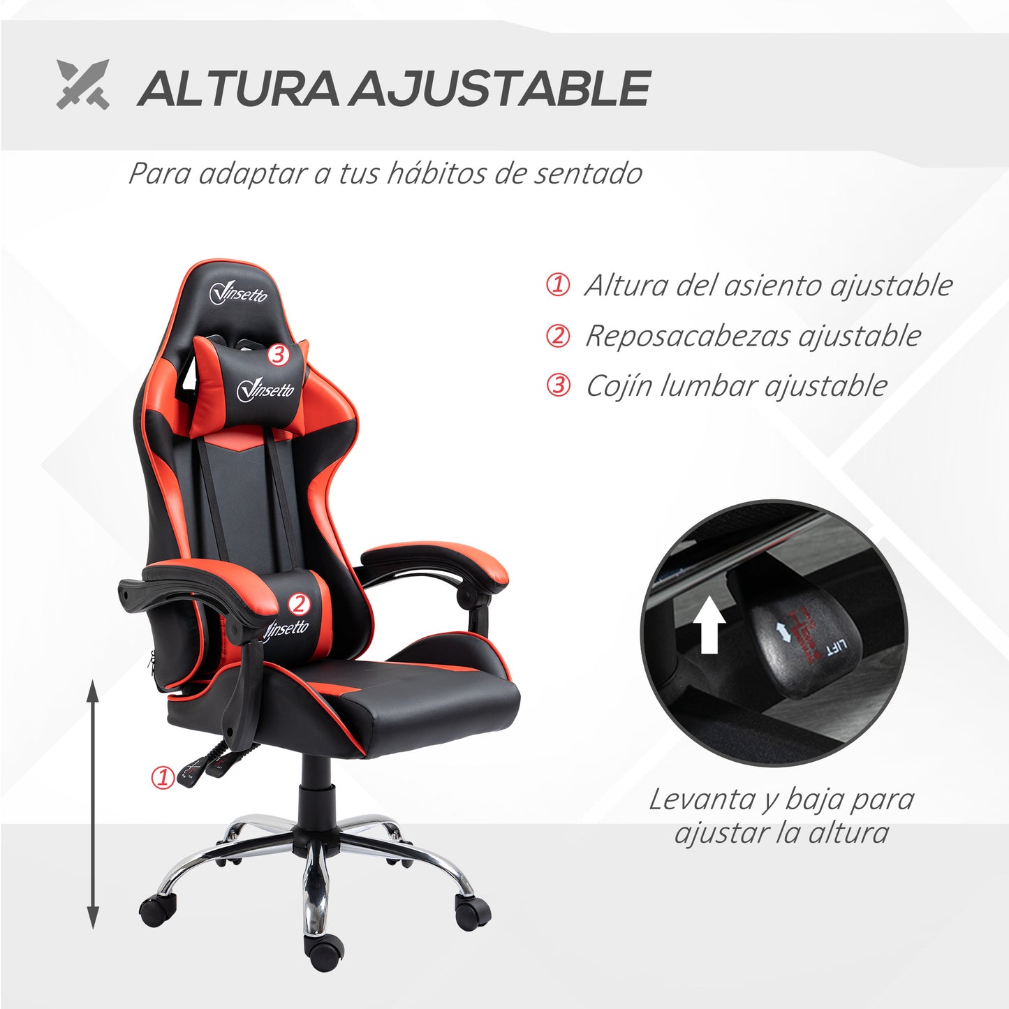 Vinsetto Silla Gaming Silla Racing Giratoria con Altura Ajustable Reclinable de 135° Reposacabezas y Cojín Lumbar para Oficina Estudio 63x67x122-130 cm Rojo