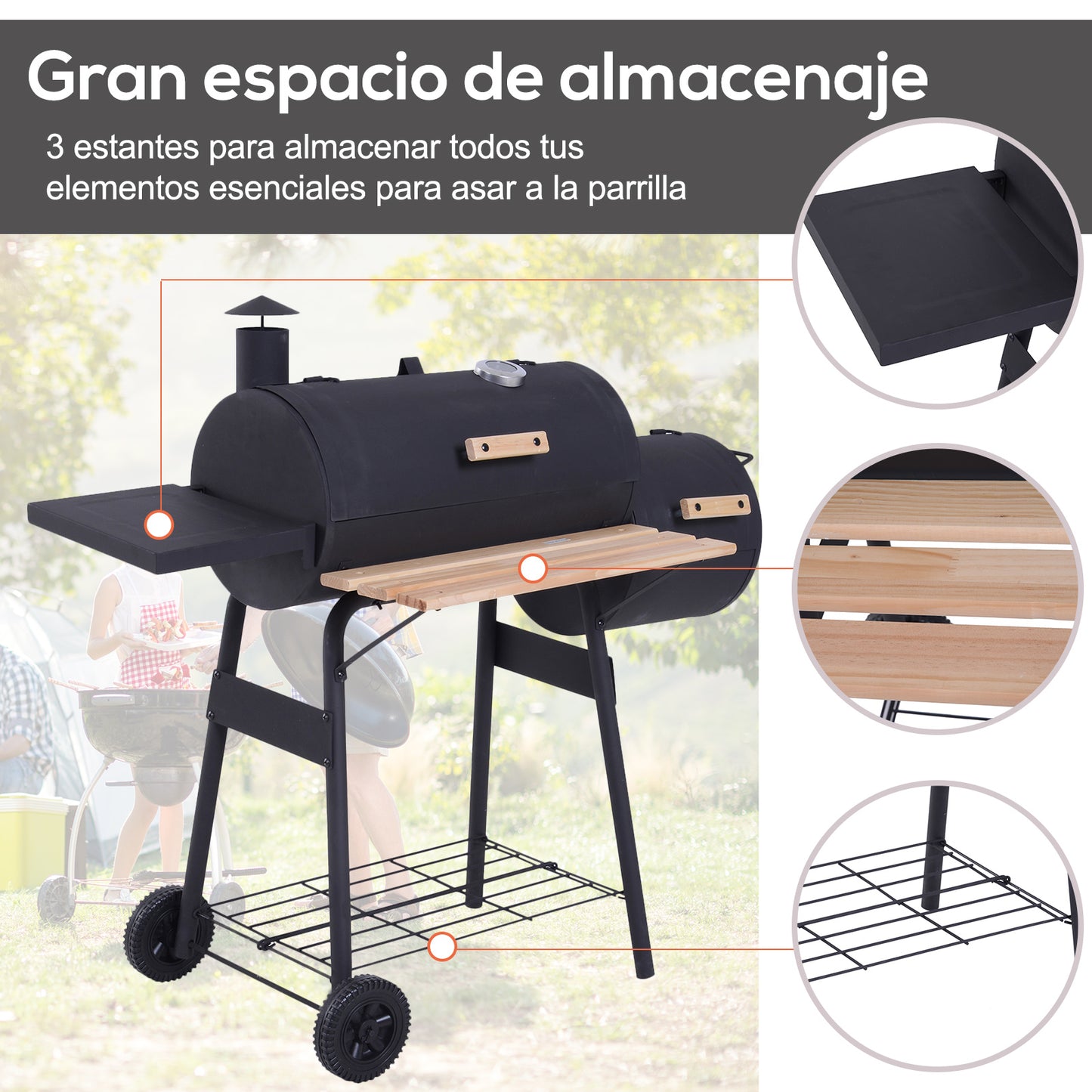 Outsunny Barbacoa de Carbón 3 en 1 Ahumador Parilla de Carbón Barbacoa de BBQ 124x53x104 cm con Termómetro y Ruedas Estantes de Madera Picnic Acampada al Aire Libre