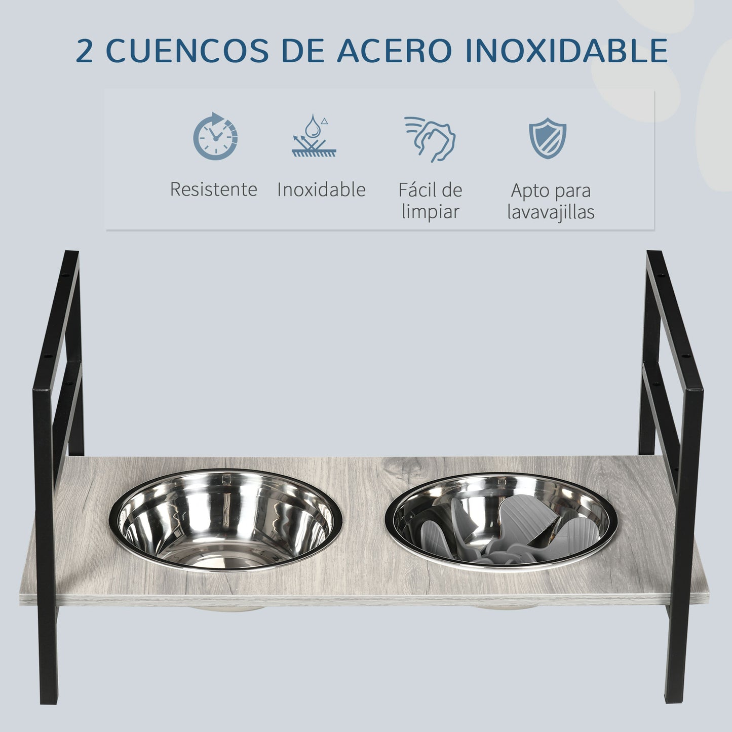 PawHut Comedero Elevado para Perros Altura Ajustable Cuencos para Perros con 2 Tazones 1100ml de Acero Inoxidable Tapete y Alimentador Lento 60x33x10-31,5 cm Gris