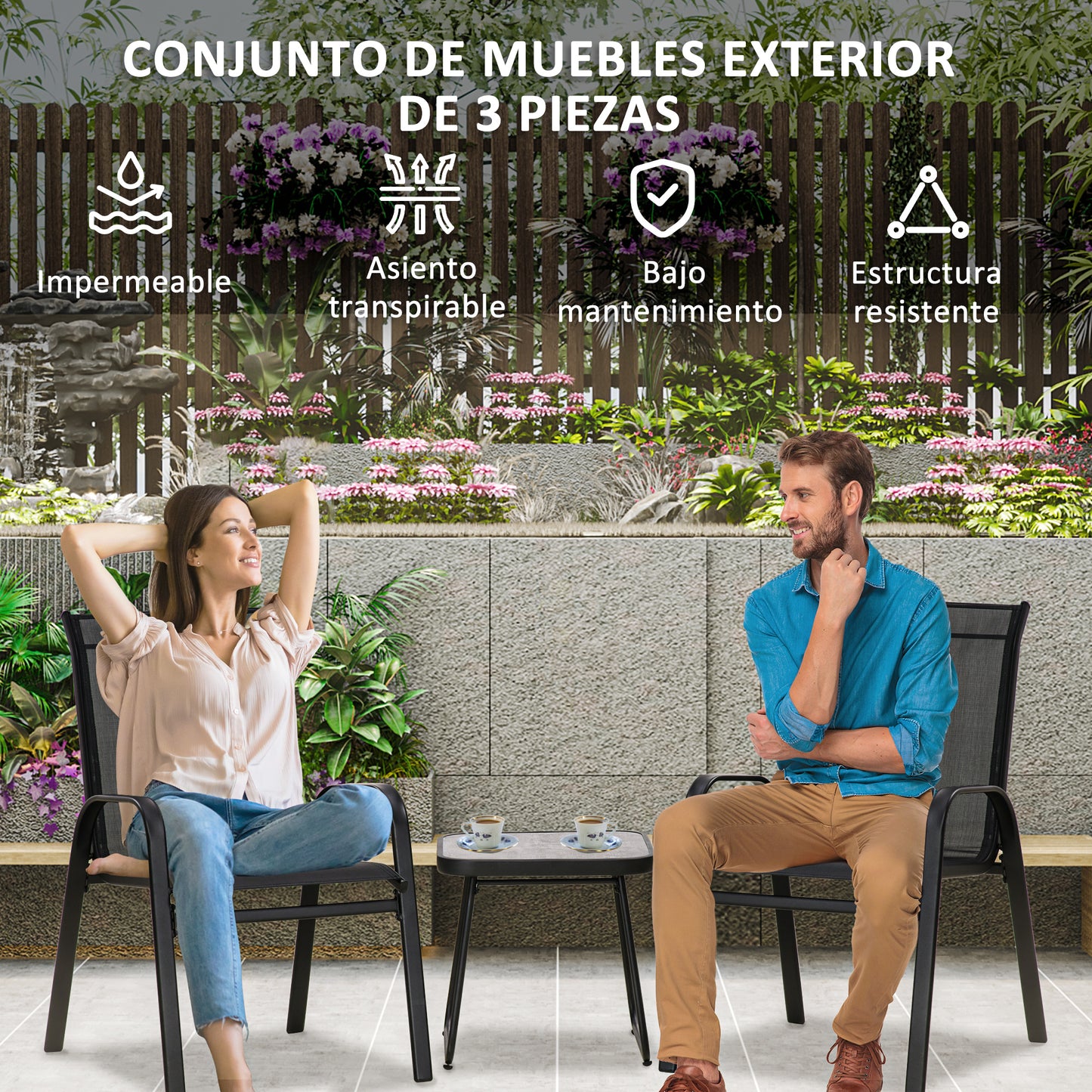 Outsunny Conjunto de Muebles de Jardín 3 Piezas Muebles Exterior Incluye 2 Sillones Apilables con Tela de Malla Transpirable y Mesa de Centro Negro