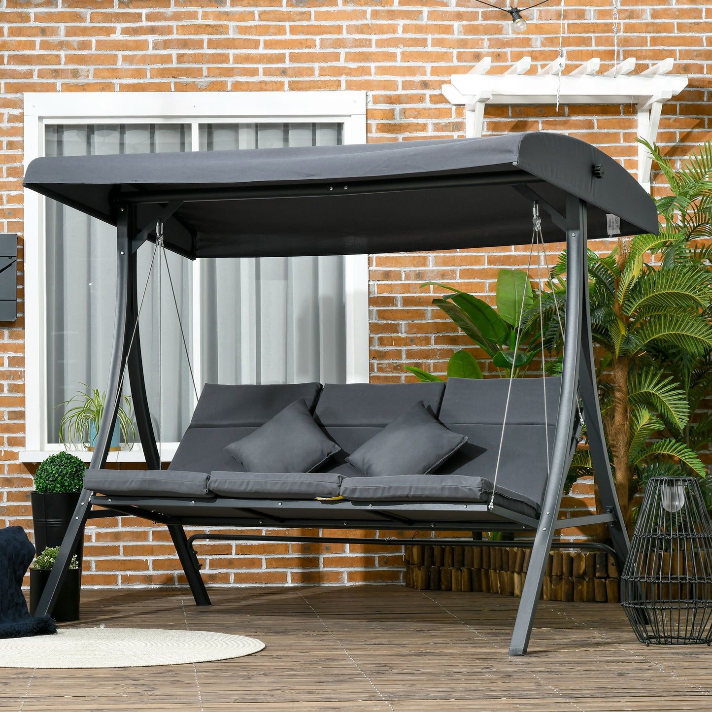 Outsunny Columpio de Jardín de 3 Plazas Balancín para Exterior con Toldo Ajustable 3 Cojines y Marco de Acero para Terraza Patio Balcón Carga 320 kg 202x115x168 cm Gris