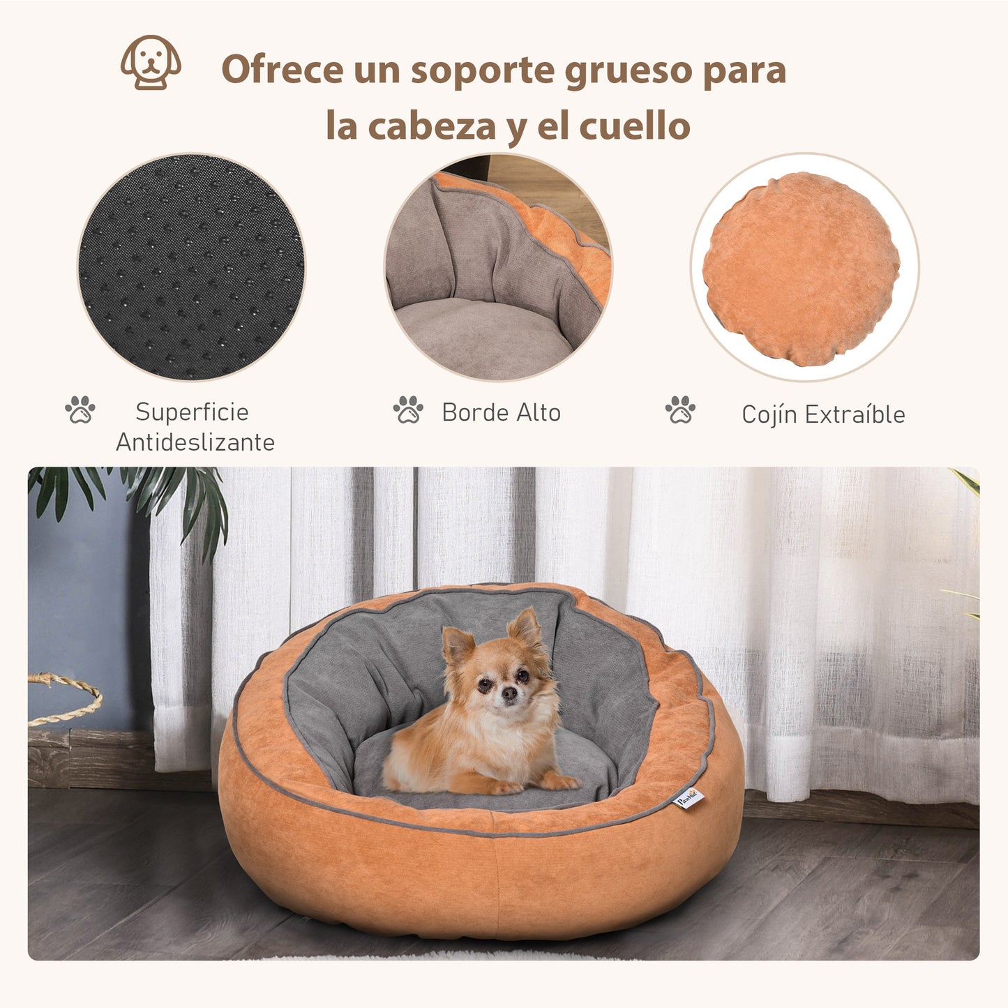 PawHut Cama para Perros y Gatos Pequeños Cojín Suave para Mascotas Pequeños Redondo 59x59x30 cm Naranja y Gris