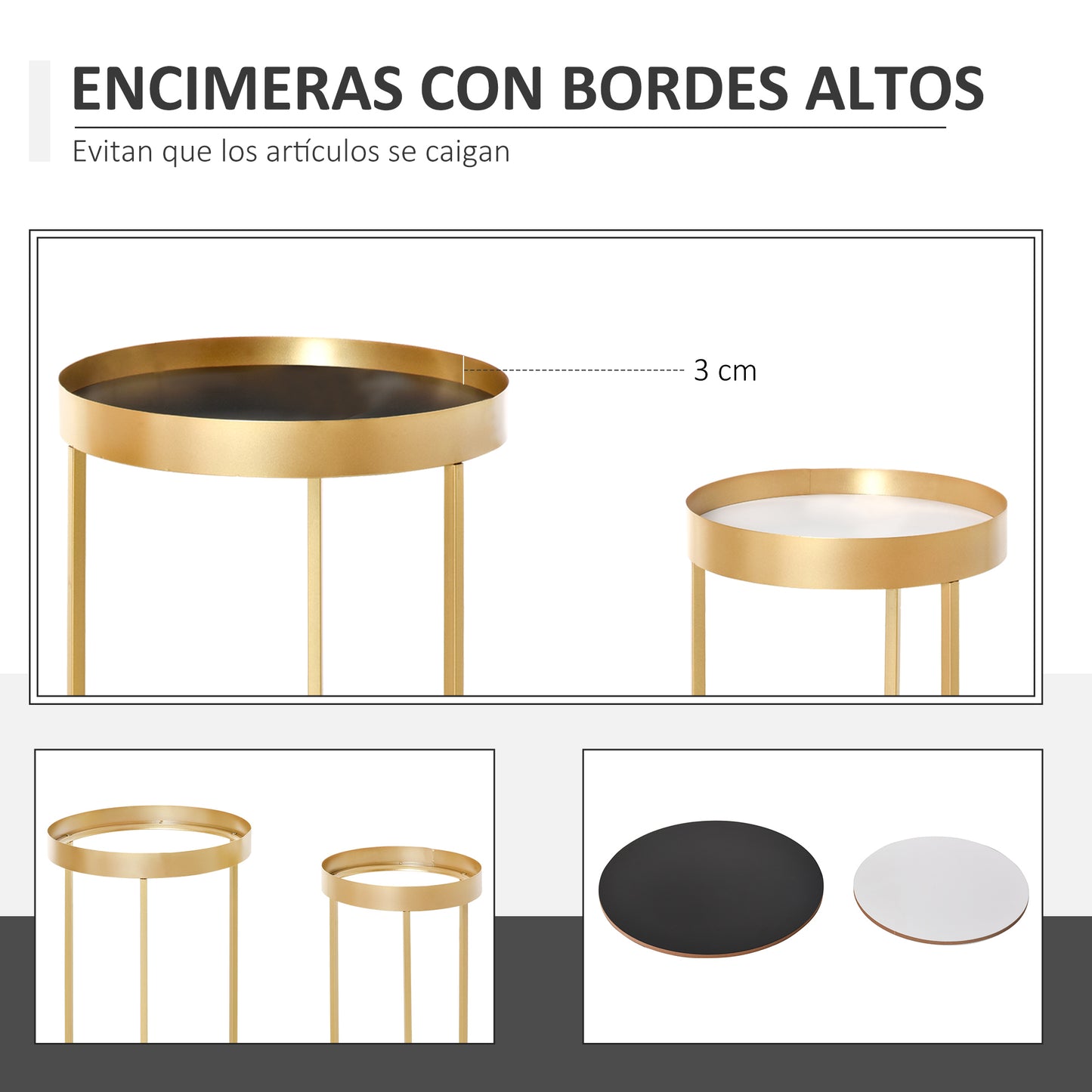 HOMCOM Juego de 2 Mesas de Café Moderno Set de 2 Mesas de Centro Apilables Estructura de Metal Dorado Sala de Estar Ø39x63 cm y Ø30,8x56 cm Encimera Negro y Blanco