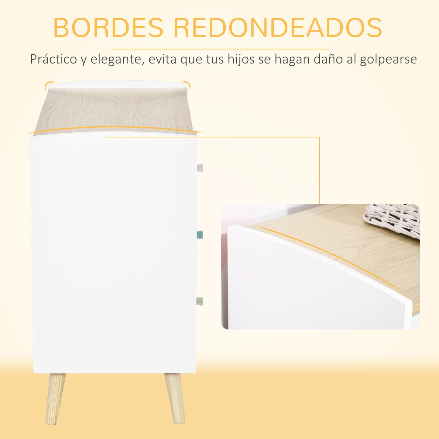 HOMCOM Cajonera Infantil con 3 Cajones Cómoda Auxiliar con Patas de Madera Almacenaje de Juguetes Ropa Libros para Habitación de Niños 90x40x75,2 cm Blanco