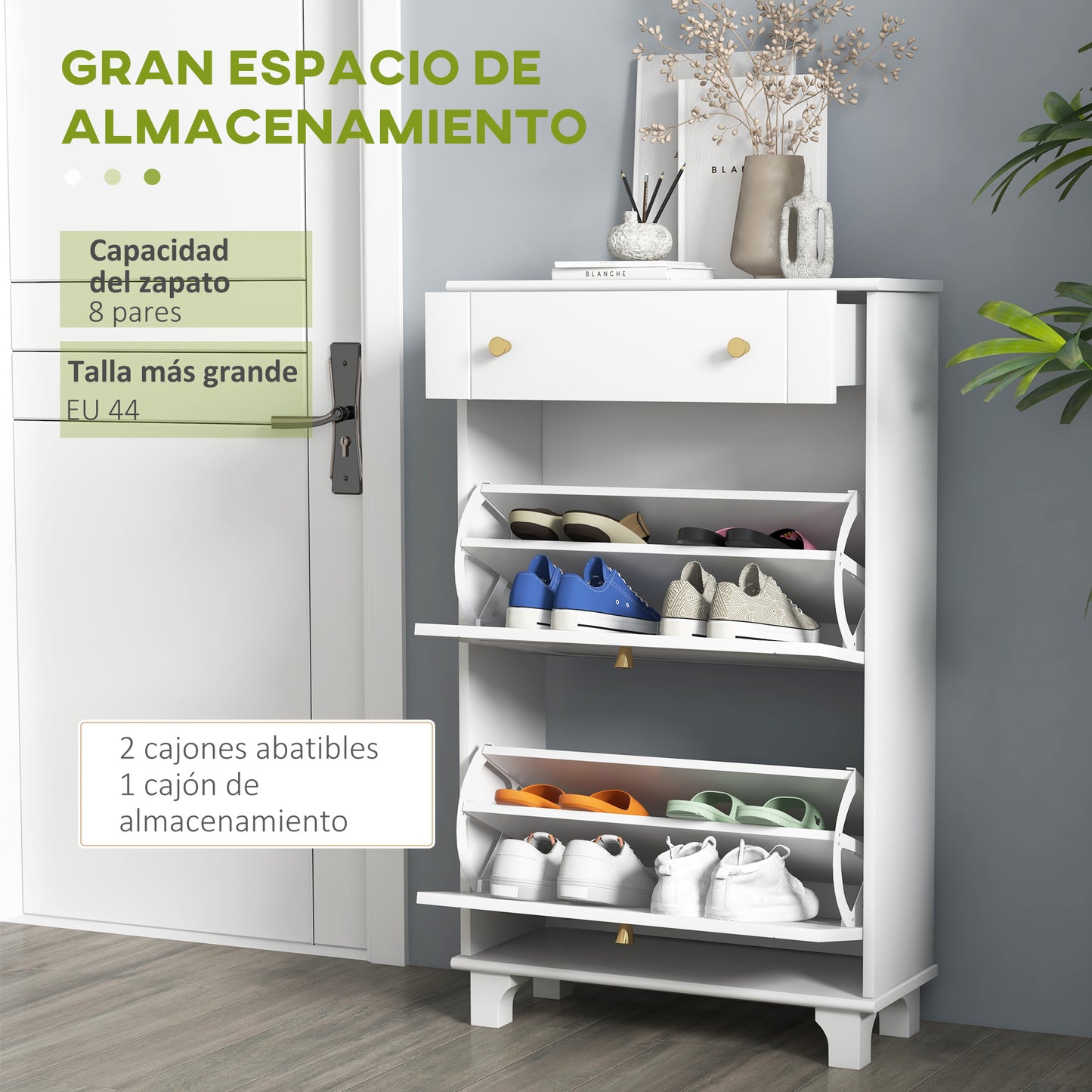 HOMCOM Mueble Zapatero Blanco Zapatero Estrecho con 2 Puertas Abatibles y 1 Cajón para 8 Pares de Zapatos para Entrada Pasillo 60x23,5x98,5 cm