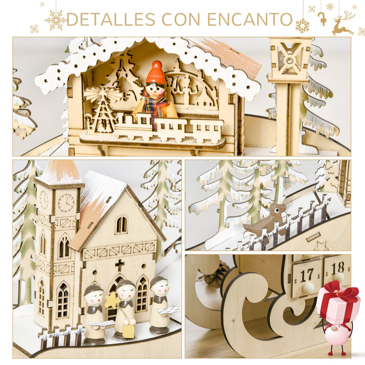 HOMCOM Calendario de Adviento de Navidad con Luces LED y 24 Cajones Decoración Navideña Modelo Trineo 45x10x31 cm Madera Natural