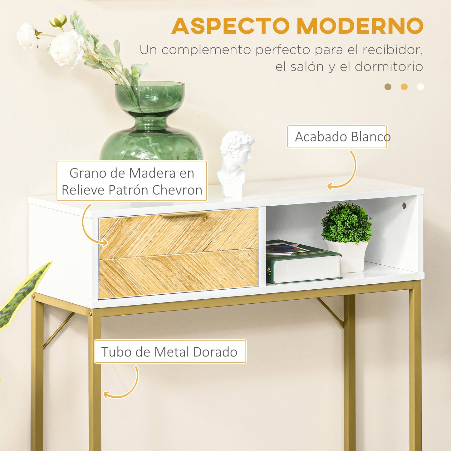 HOMCOM Consola para Recibidor Mueble para Recibidor Estilo Moderno con Cajón y Estante Abierto para Entrada Pasillo 80x30x80,5 cm Blanco y Dorado