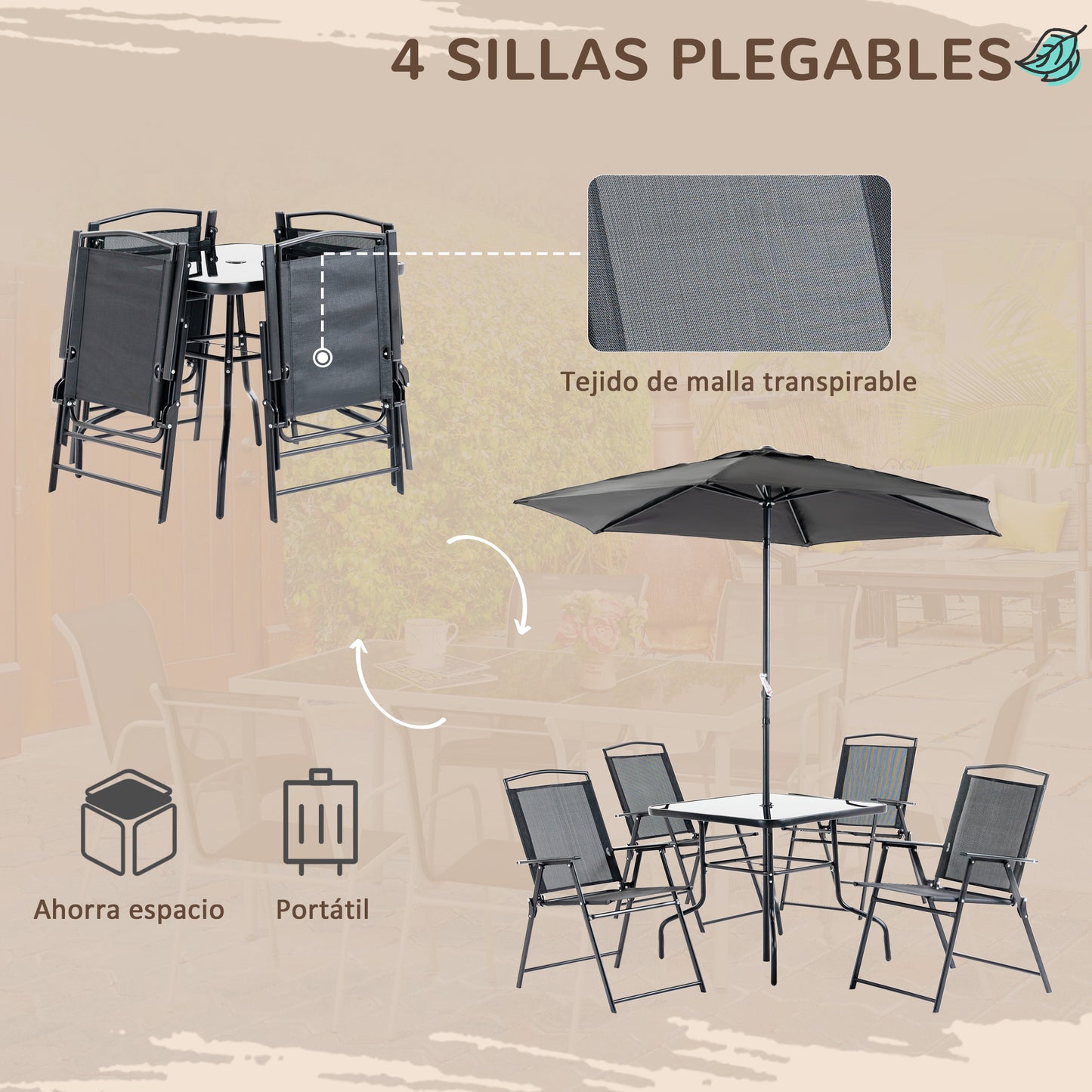 Outsunny Conjunto de Muebles de Jardín con 4 Sillas Plegables Mesa de Comedor de Vidrio y Sombrilla Inclinable Protección del Sol para Patio Terraza Exterior 80x80x70 cm Negro