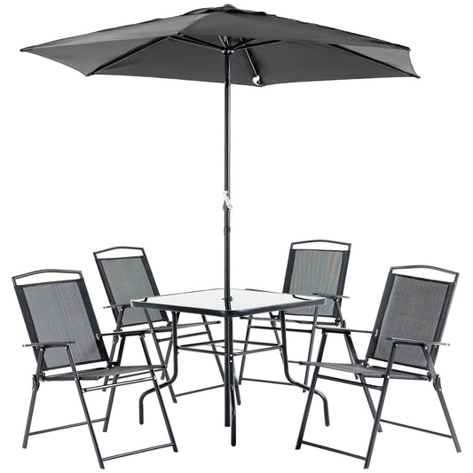 Outsunny Conjunto de Muebles de Jardín con 4 Sillas Plegables Mesa de Comedor de Vidrio y Sombrilla Inclinable Protección del Sol para Patio Terraza Exterior 80x80x70 cm Negro