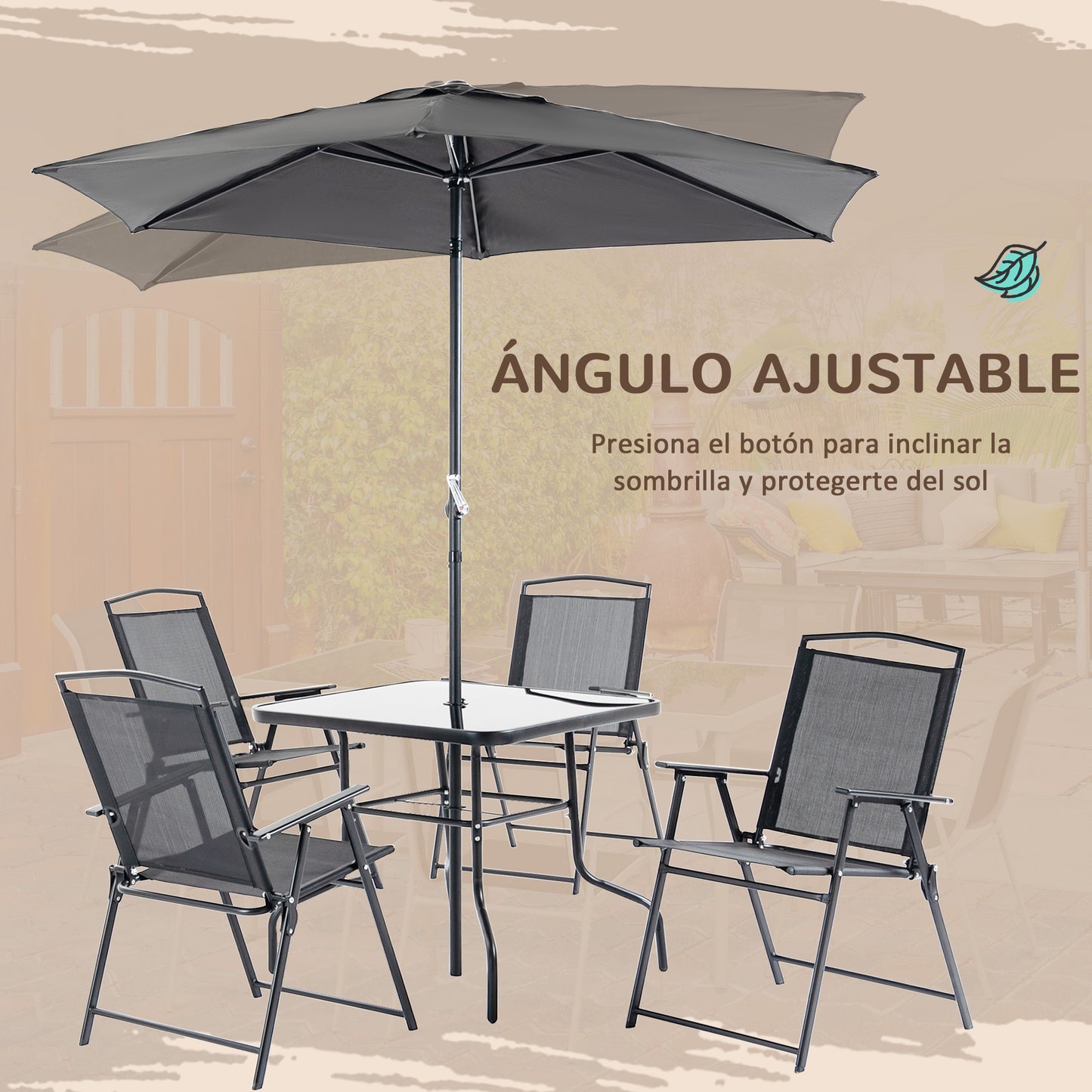 Outsunny Conjunto de Muebles de Jardín con 4 Sillas Plegables Mesa de Comedor de Vidrio y Sombrilla Inclinable Protección del Sol para Patio Terraza Exterior 80x80x70 cm Negro