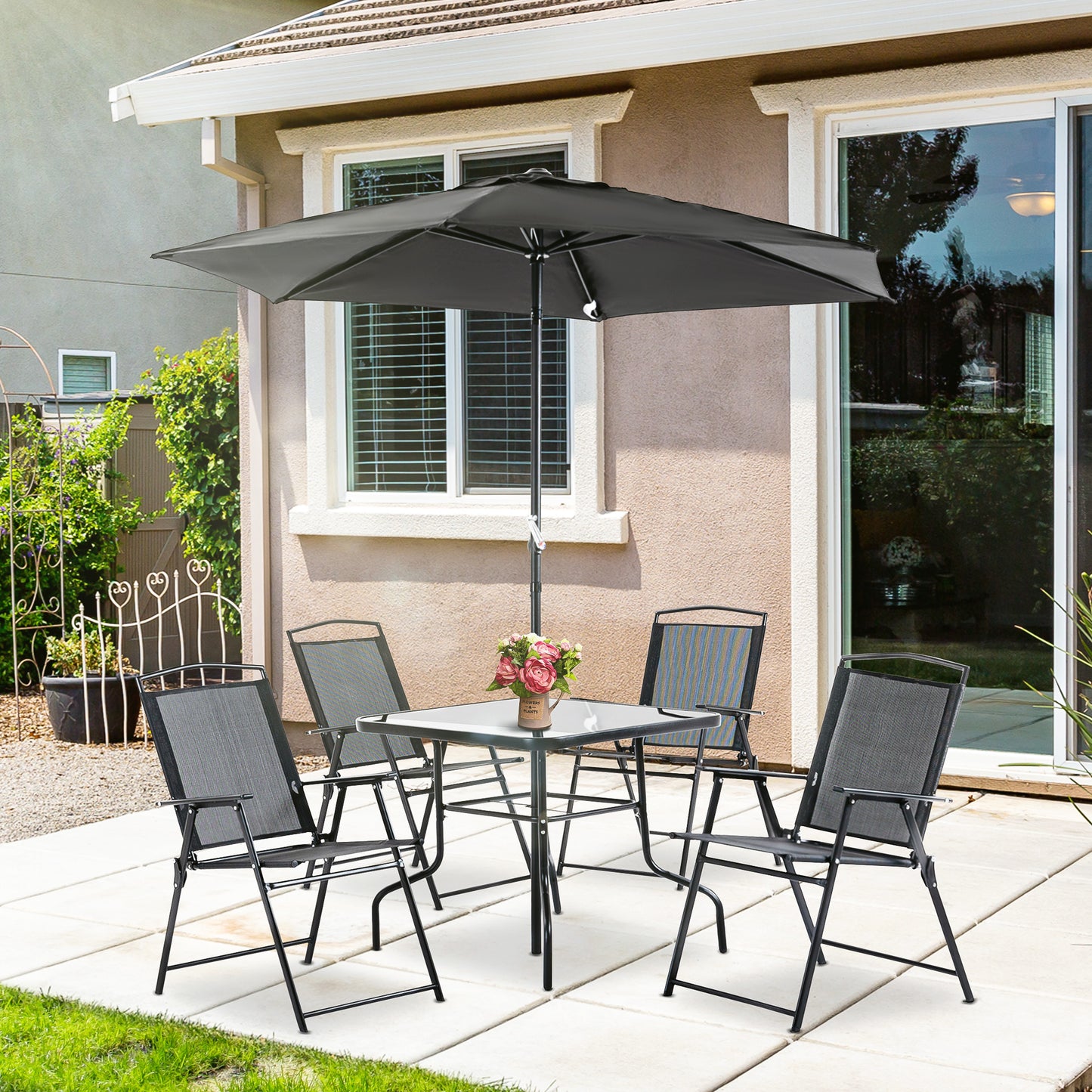 Outsunny Conjunto de Muebles de Jardín con 4 Sillas Plegables Mesa de Comedor de Vidrio y Sombrilla Inclinable Protección del Sol para Patio Terraza Exterior 80x80x70 cm Negro