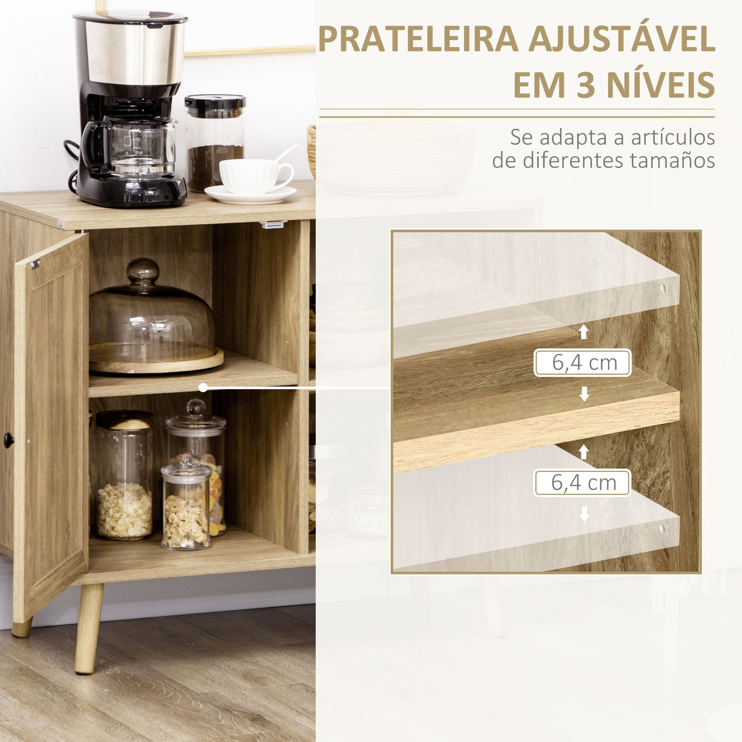 HOMCOM Aparador de Cocina Buffet de Salón Mueble Auxiliar de Cocina con Puerta de Ratán y 2 Estantes de Almacenaje para Comedor 80x39x70 cm Natural