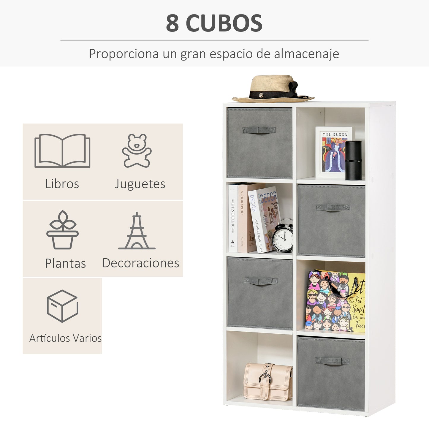 HOMCOM Estantería para Libros de 8 Cubos Librería Modular con 4 Cajones Extraíbles de Tela no Tejida para Oficina Estudio Dormitorio 61,5x30x121,6 cm Blanco y Gris