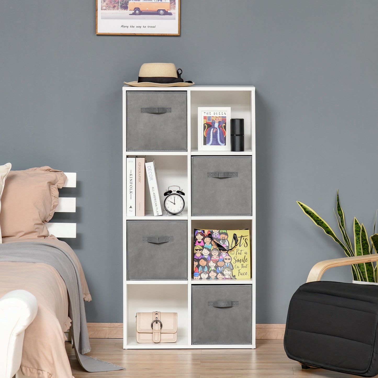 HOMCOM Estantería para Libros de 8 Cubos Librería Modular con 4 Cajones Extraíbles de Tela no Tejida para Oficina Estudio Dormitorio 61,5x30x121,6 cm Blanco y Gris